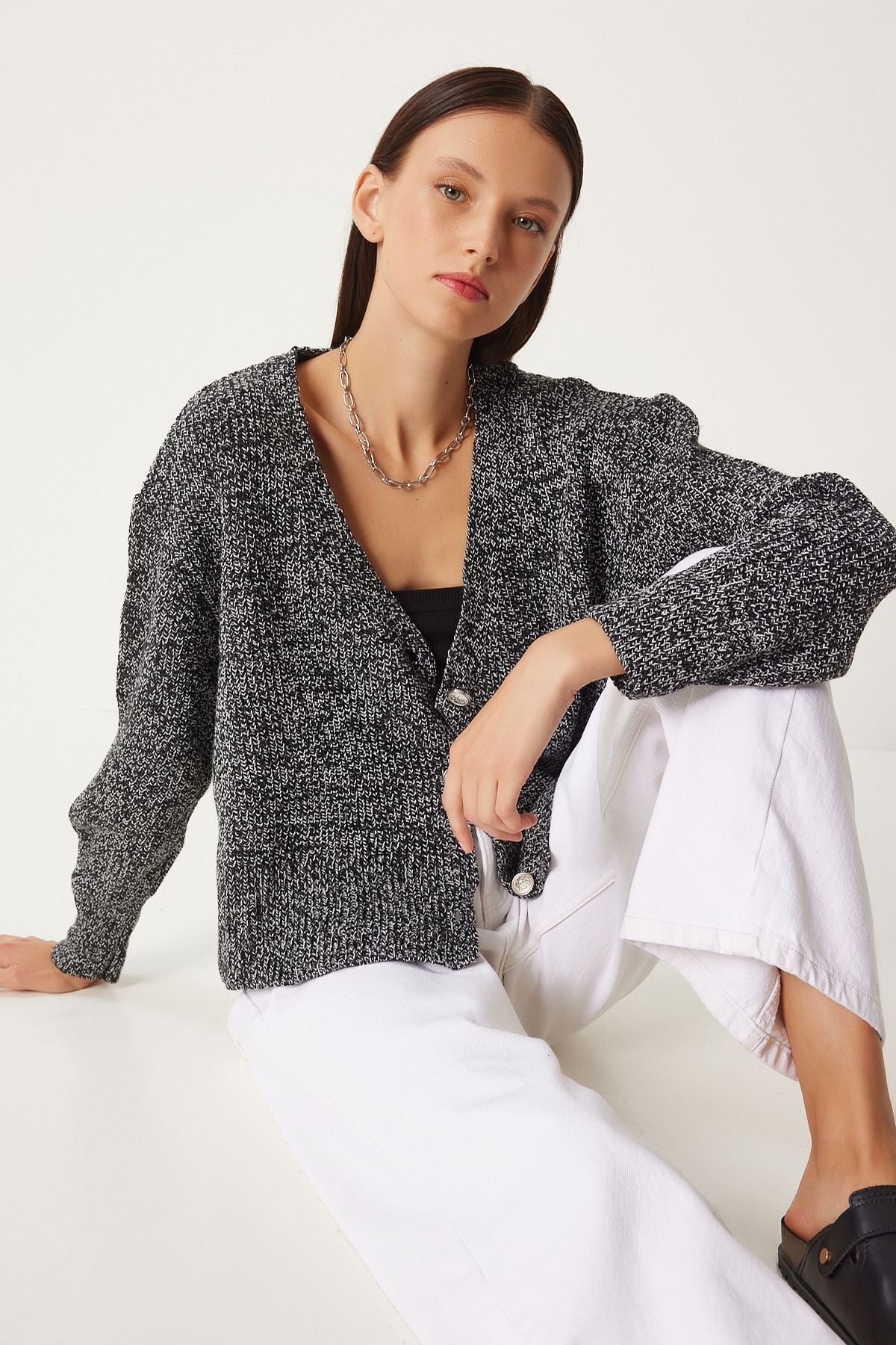 Women's Gray Melanj Kırçıllı V neck knitwear cardigan FN03338