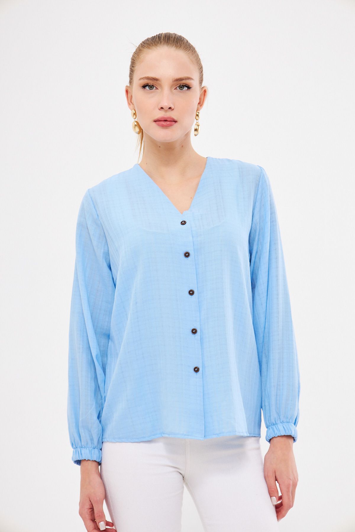 WOMEN BABY BLUE BLANT BUILDING BUILDING SHIRT ARM-24K001002