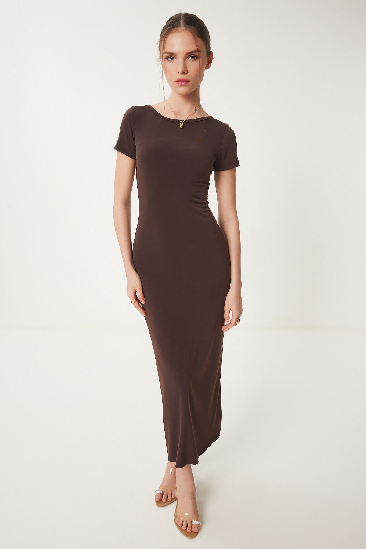 Women's Brown Back Décollette Long Sandy Knitting Dress DZ00115