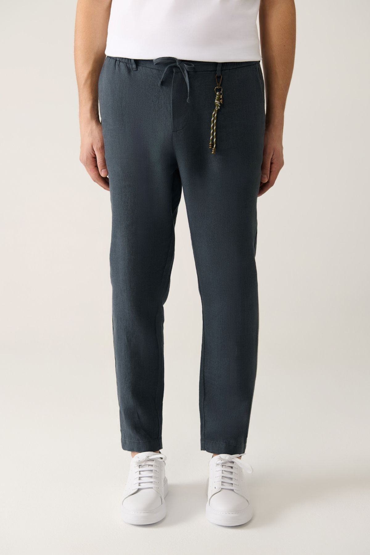 Men's anthracite waist tire 100 %linen pants B003032