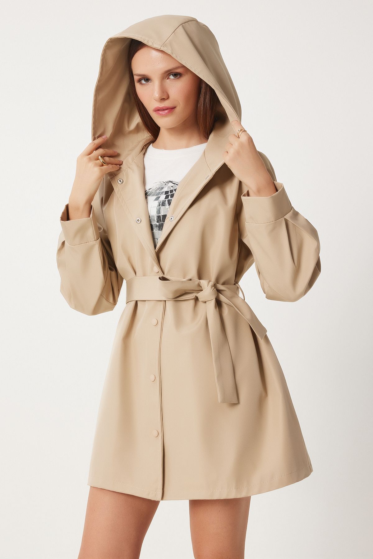 Female Beige Hooded Born Short Trench Coat DD01335