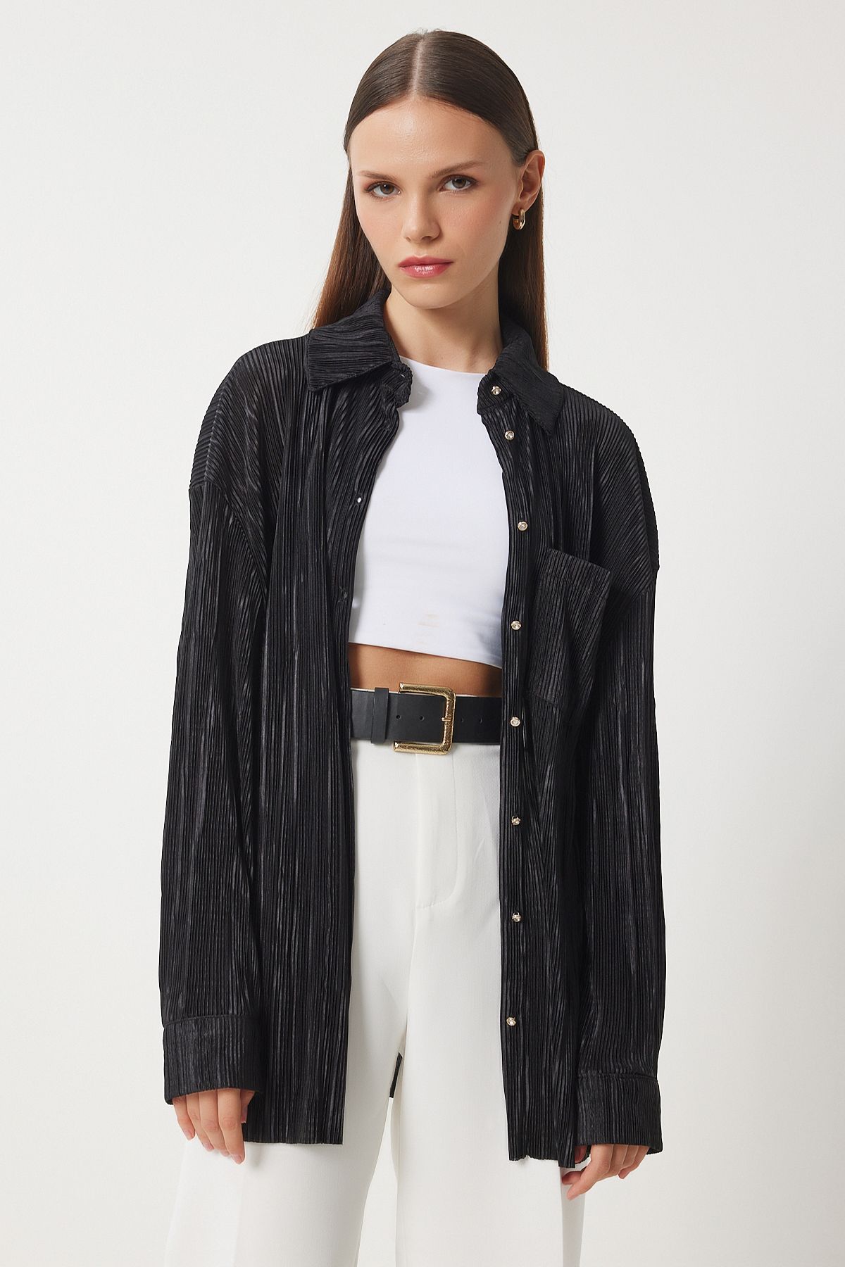 Female Black Plynated Oversize Long Shirt FN03216