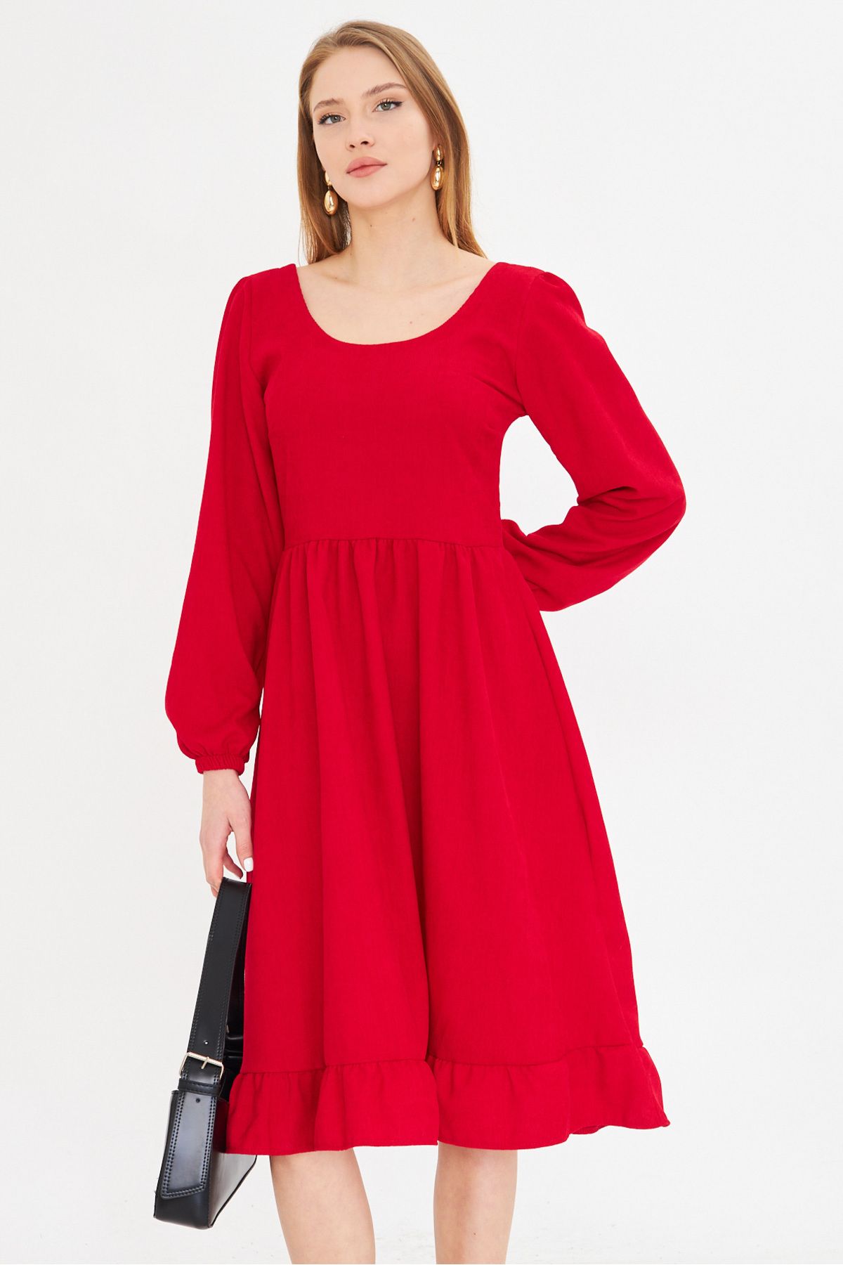 Woman Red U Back Back Zippered Waist Midi Midi Velvet Dress ARM-25K001103