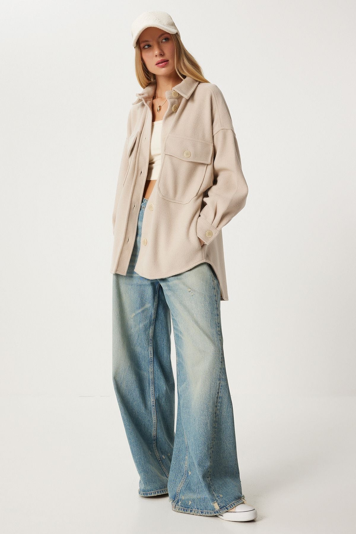 Female beige pocket stamp shirt jacket nv00071