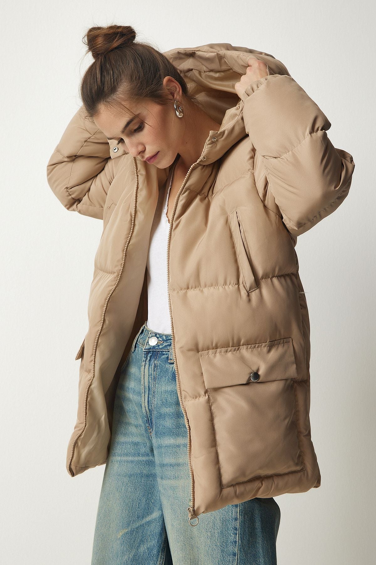 Female Beige Hooded Inflatable Coat HK00023