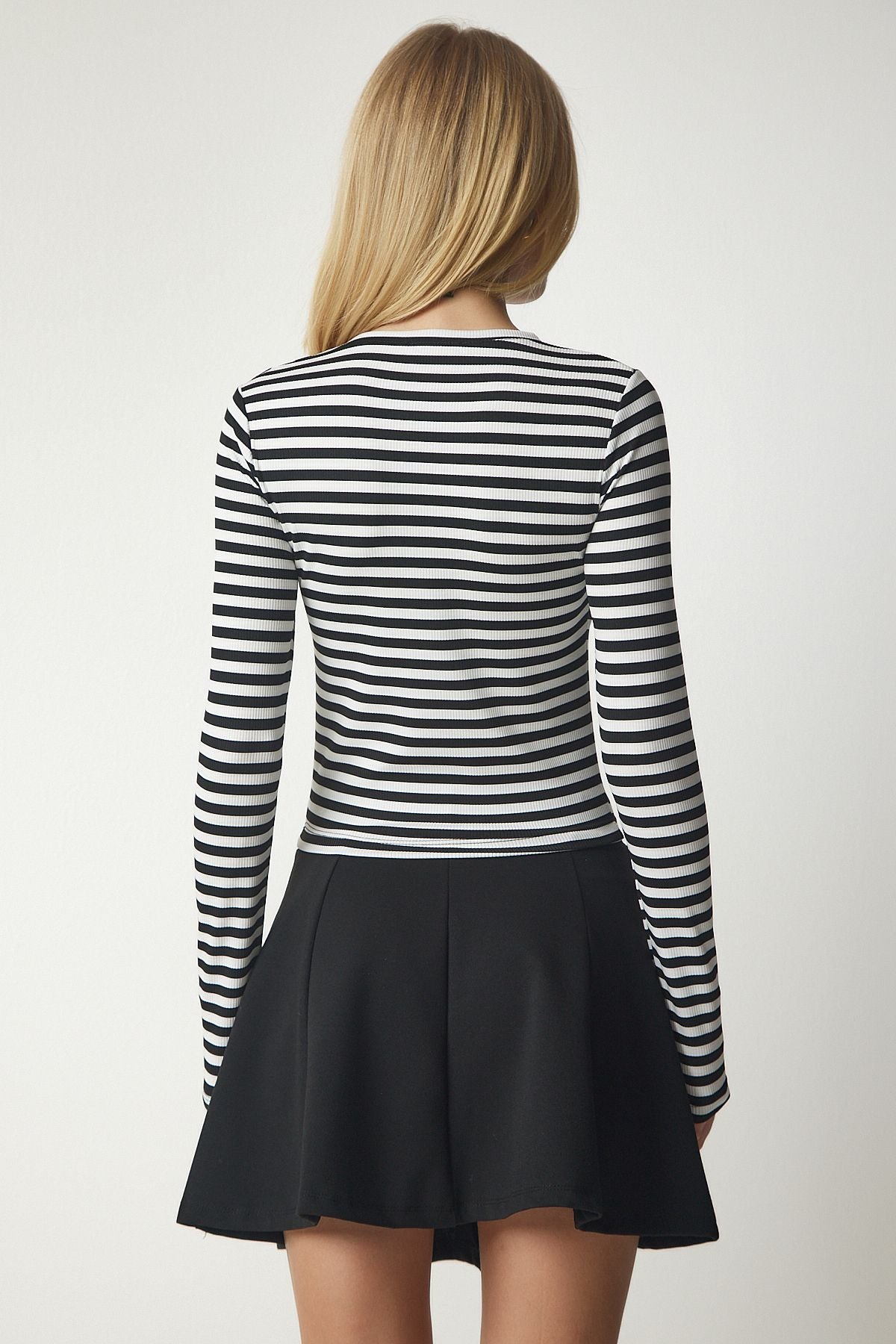 Female Black and White Embroidered Striped Wick Crop Blouse MC00234