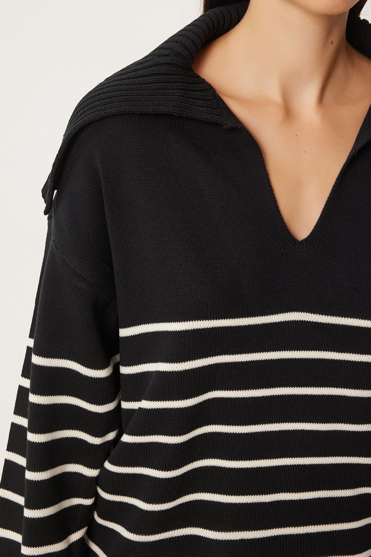 Female black shawl collar striped oversize knitwear sweater FN03345