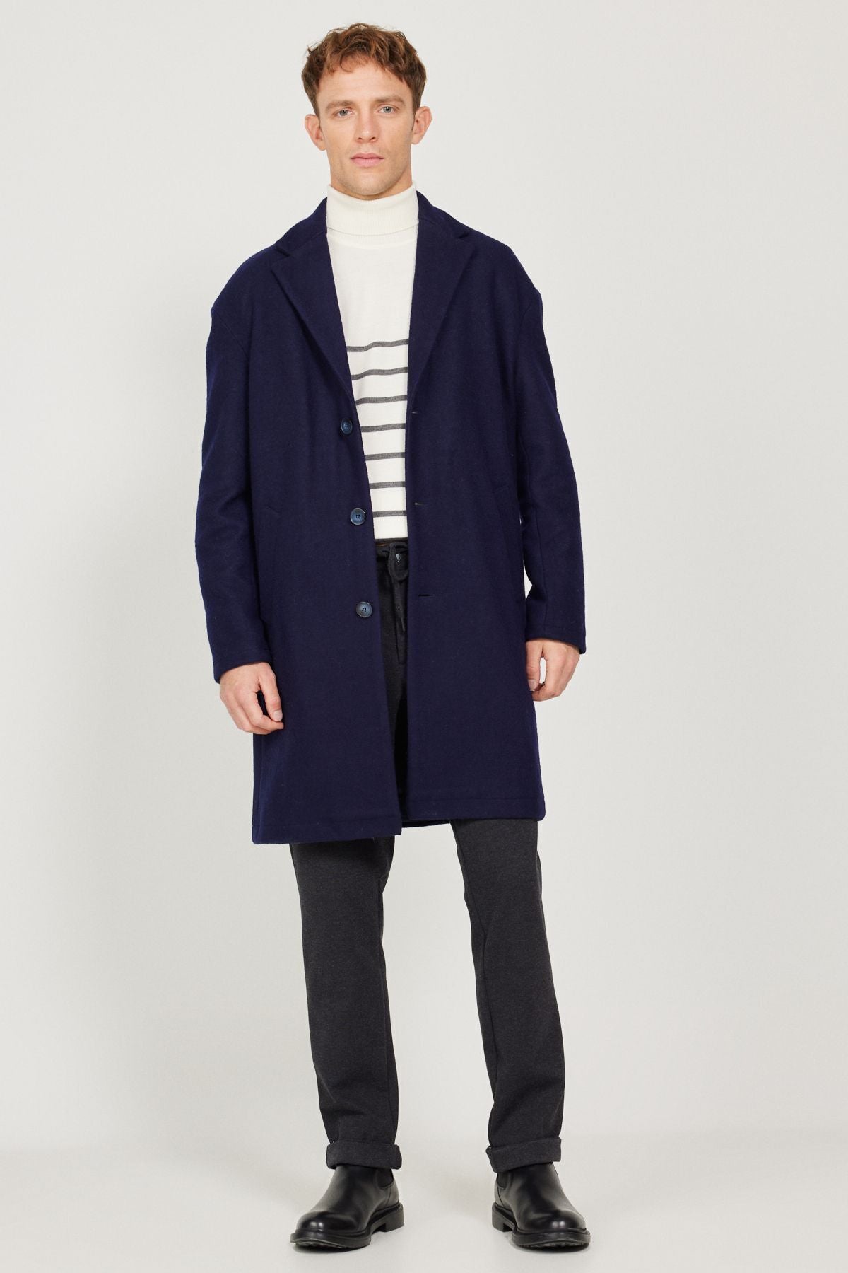 Men's navy blue overwheeling mono collar woolen stamp coat