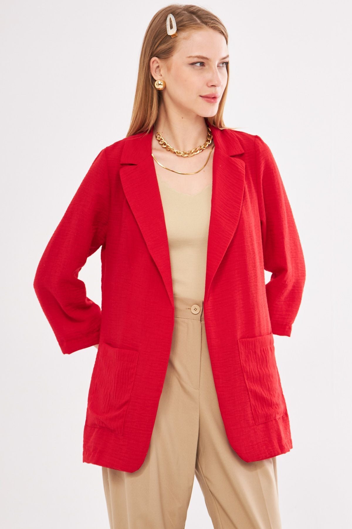 Woman Red Linen Looking Pocket Oversize Jacket ARM-24Y001065