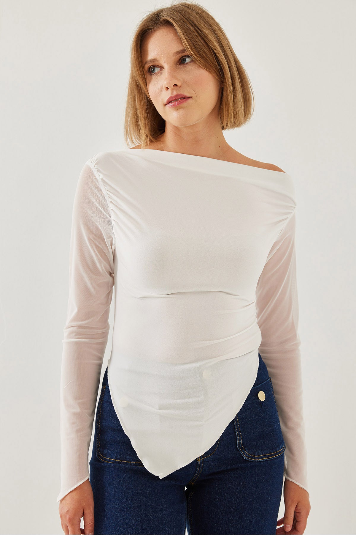 Women's Tulle Detail Asymmetrical Cut Blouse 60351210