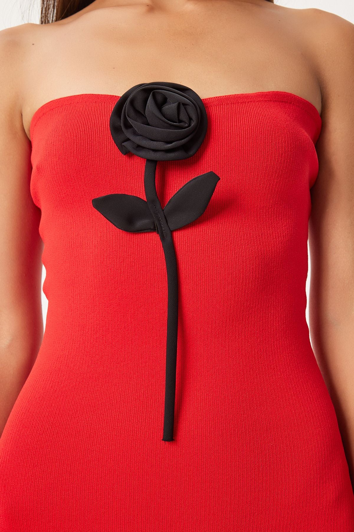 Woman Red Rose Detailed Mini Summer Triko Dress NS00402
