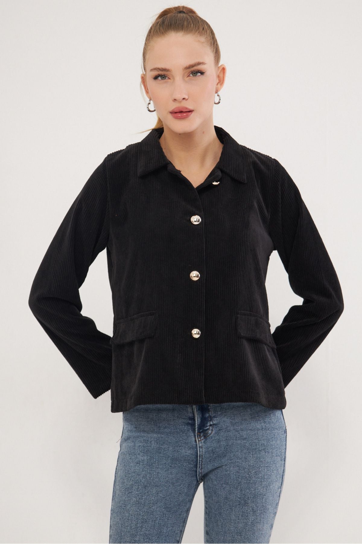 Woman Black Pocket Cover Velvet Jacket ARM-25K001037