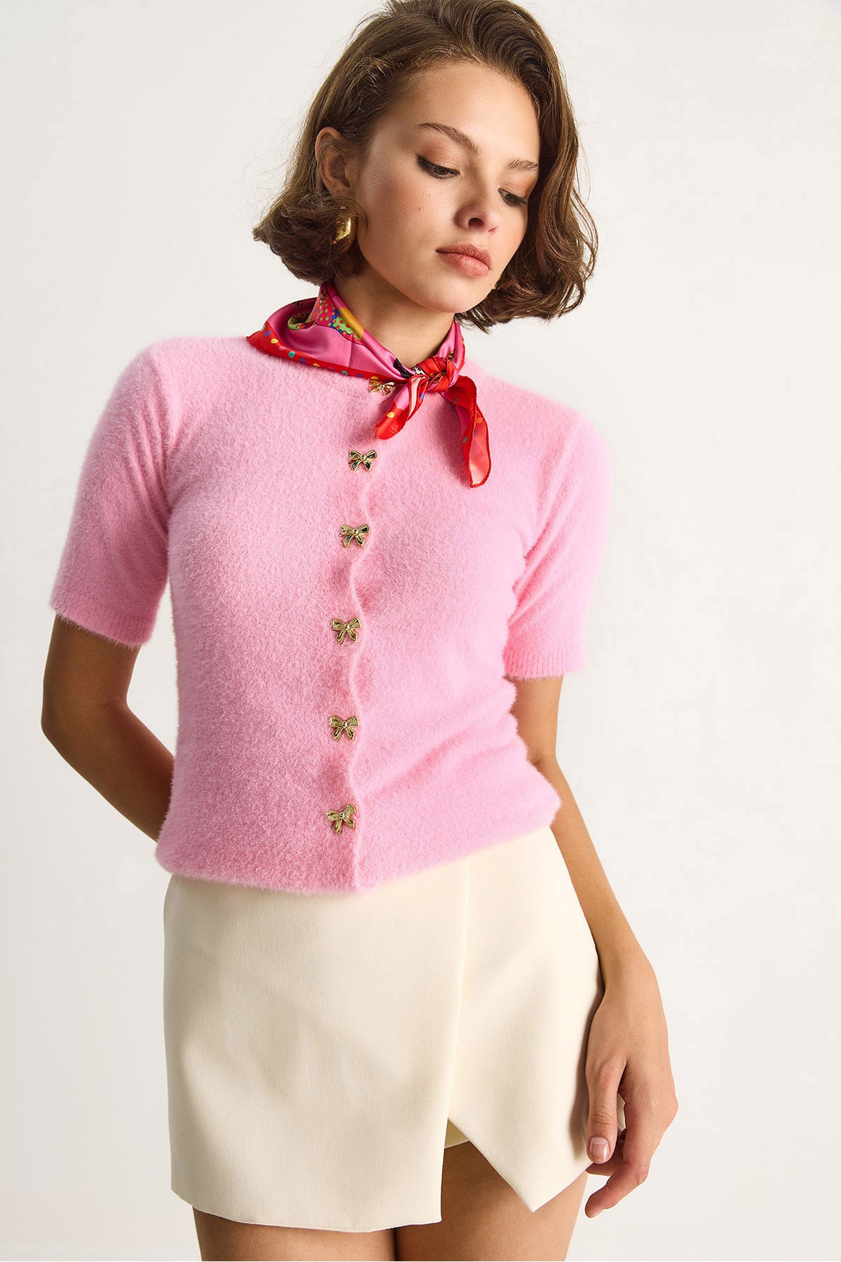 Women's Bow Button Detailed Soft Textured Knitwear Cardigan w25033 60284078