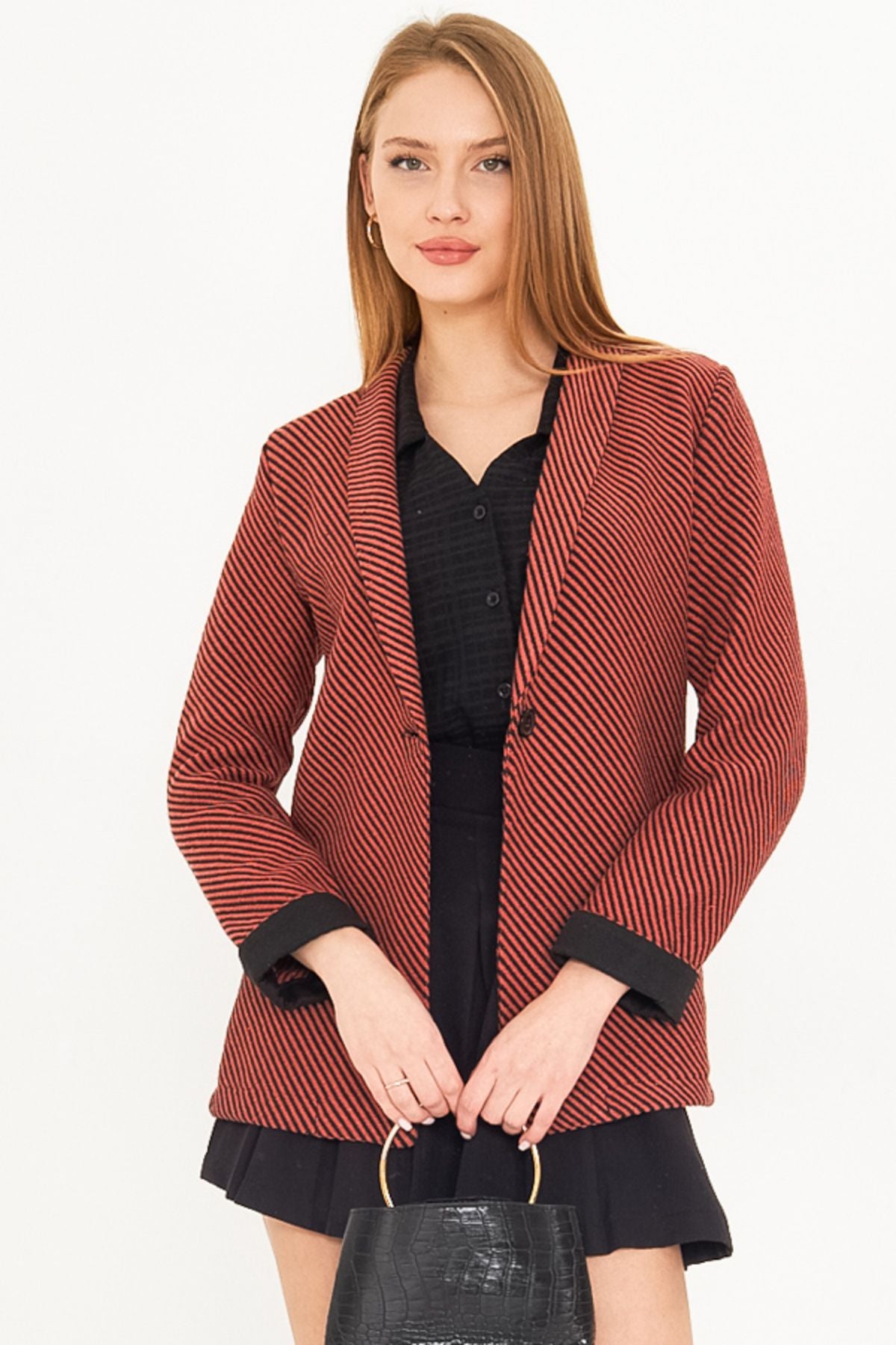 Women's Tile striped lever folding single button stamp jacket ARM-25K001106