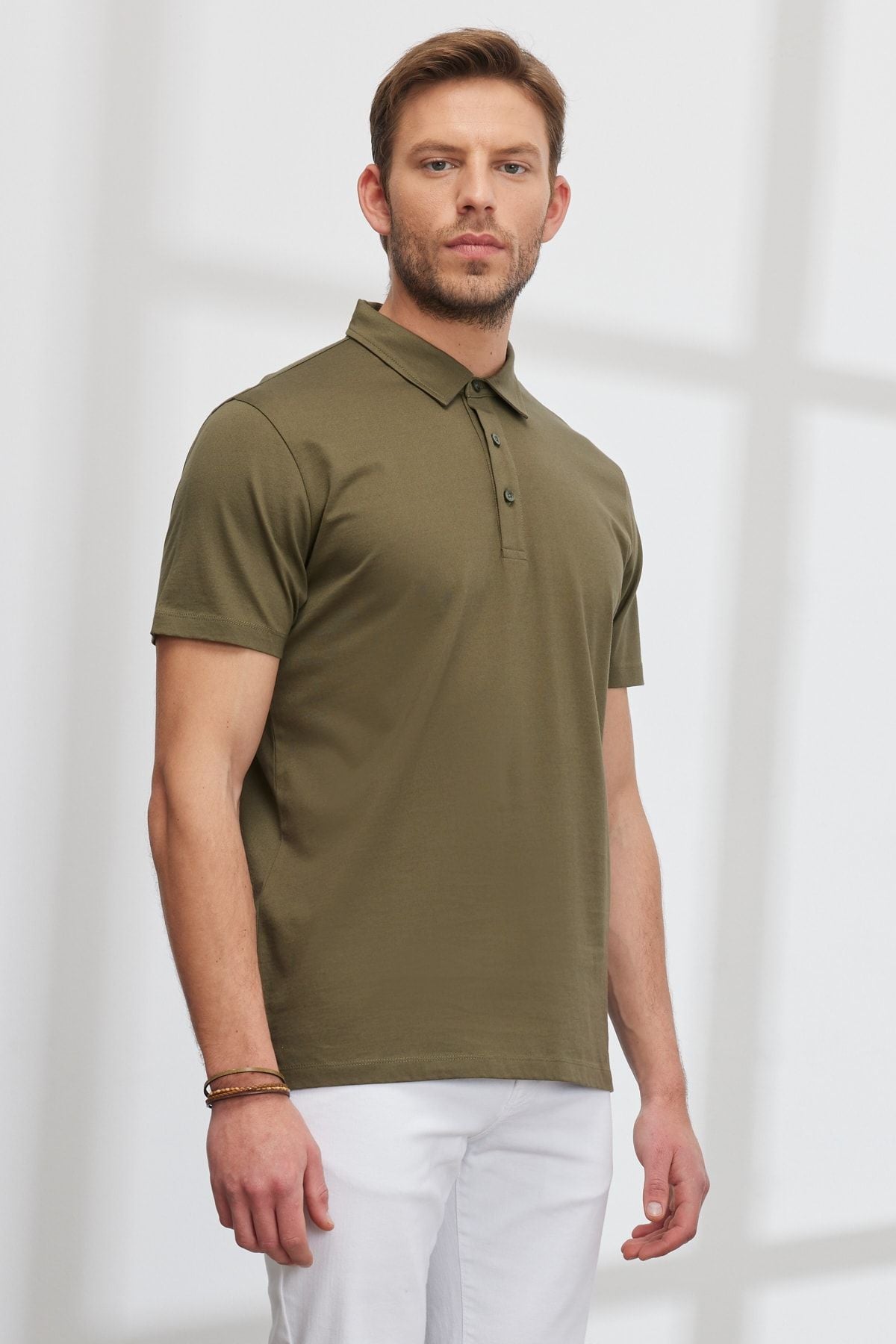 Men's Khaki Slim Fit Night Cut Polo Yaka 100 %Cotton T -shirt