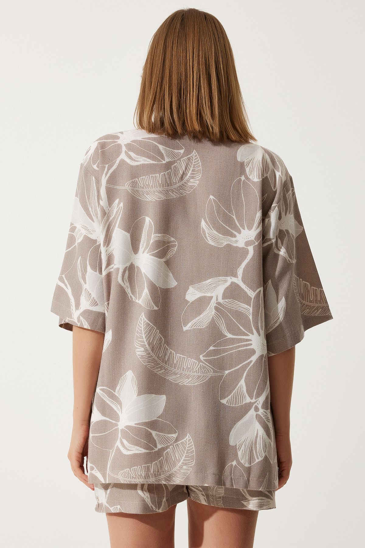 Female Stone Tropic Patterned Summer Raw Linen Kimono Shorts BP00157