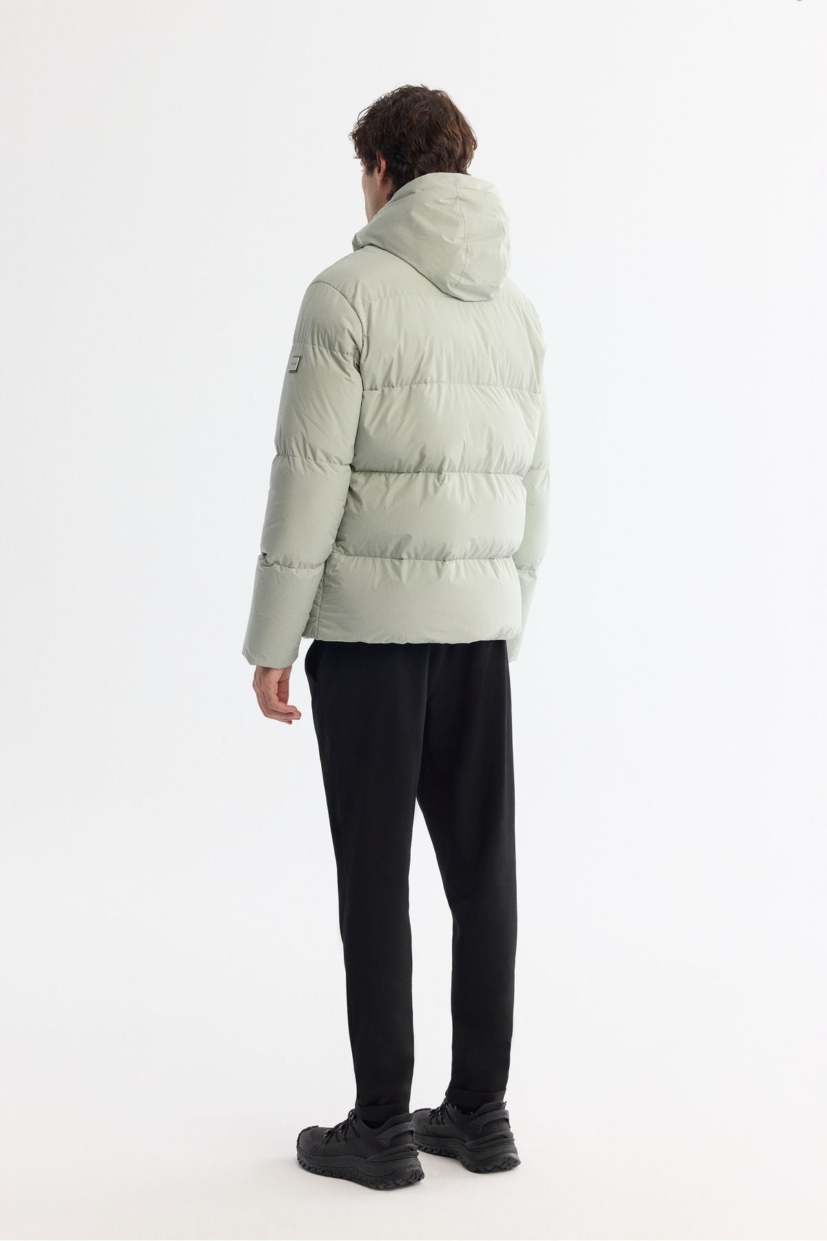 Men's light gray hooded collar fiber filling coat B006046