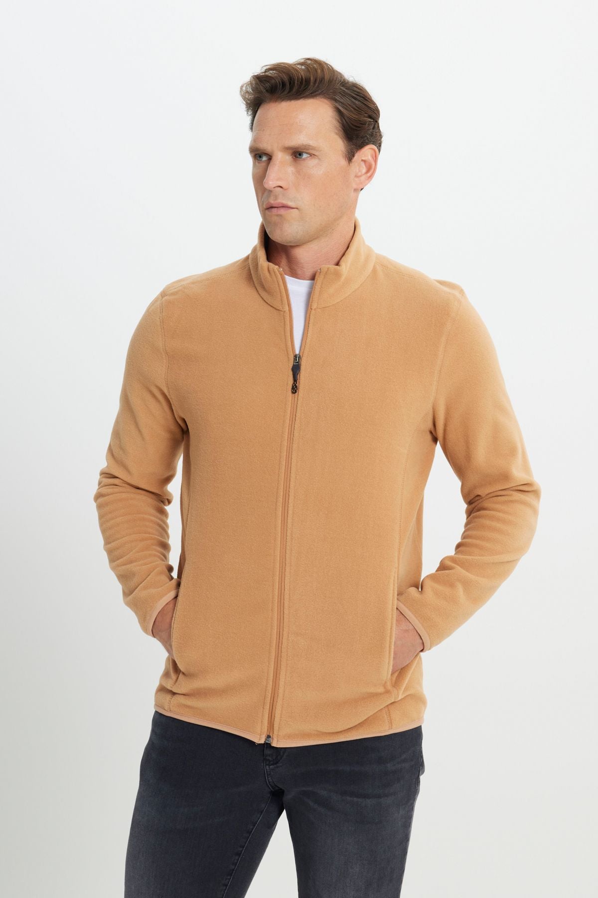 Erkek Karamel Anti-pilling Tüylenme Yapmayan Standart Fit Dik Bato Yaka Sweatshirt Polar Ceket