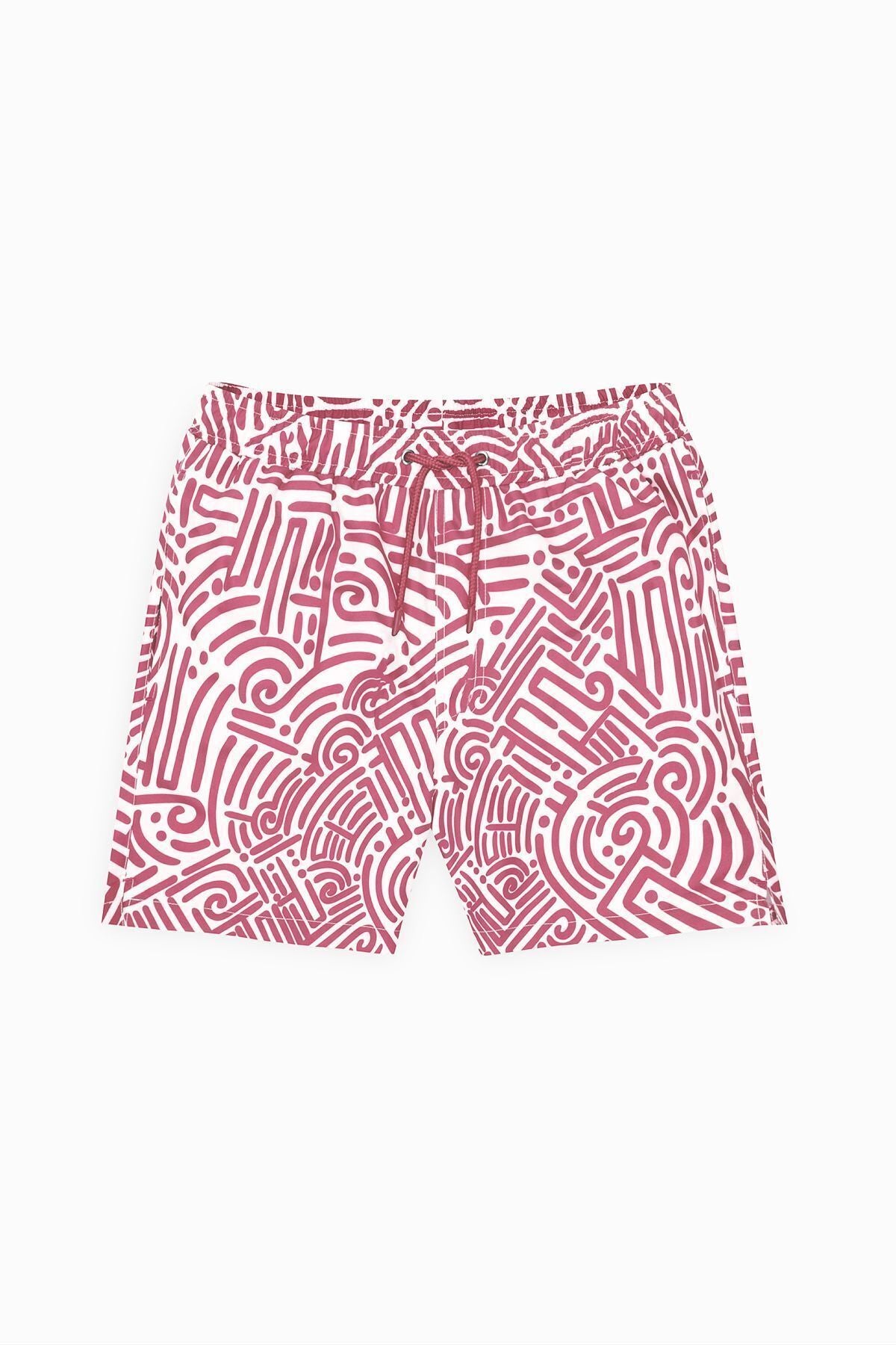 Men's White Red Standard Fit Normal Cutting Pocket Fast Drying Patterned Mayo Sea Short