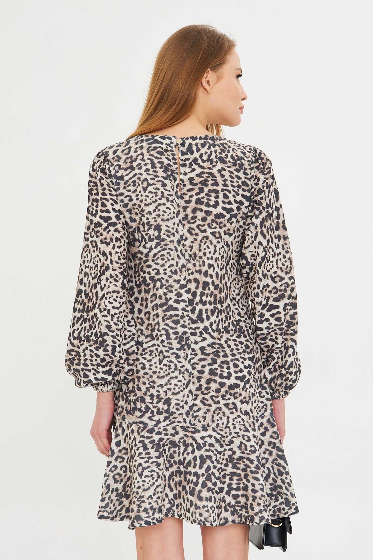 Female beige round collar skirt flywheel arms shirred mini dress ARM-25K001093