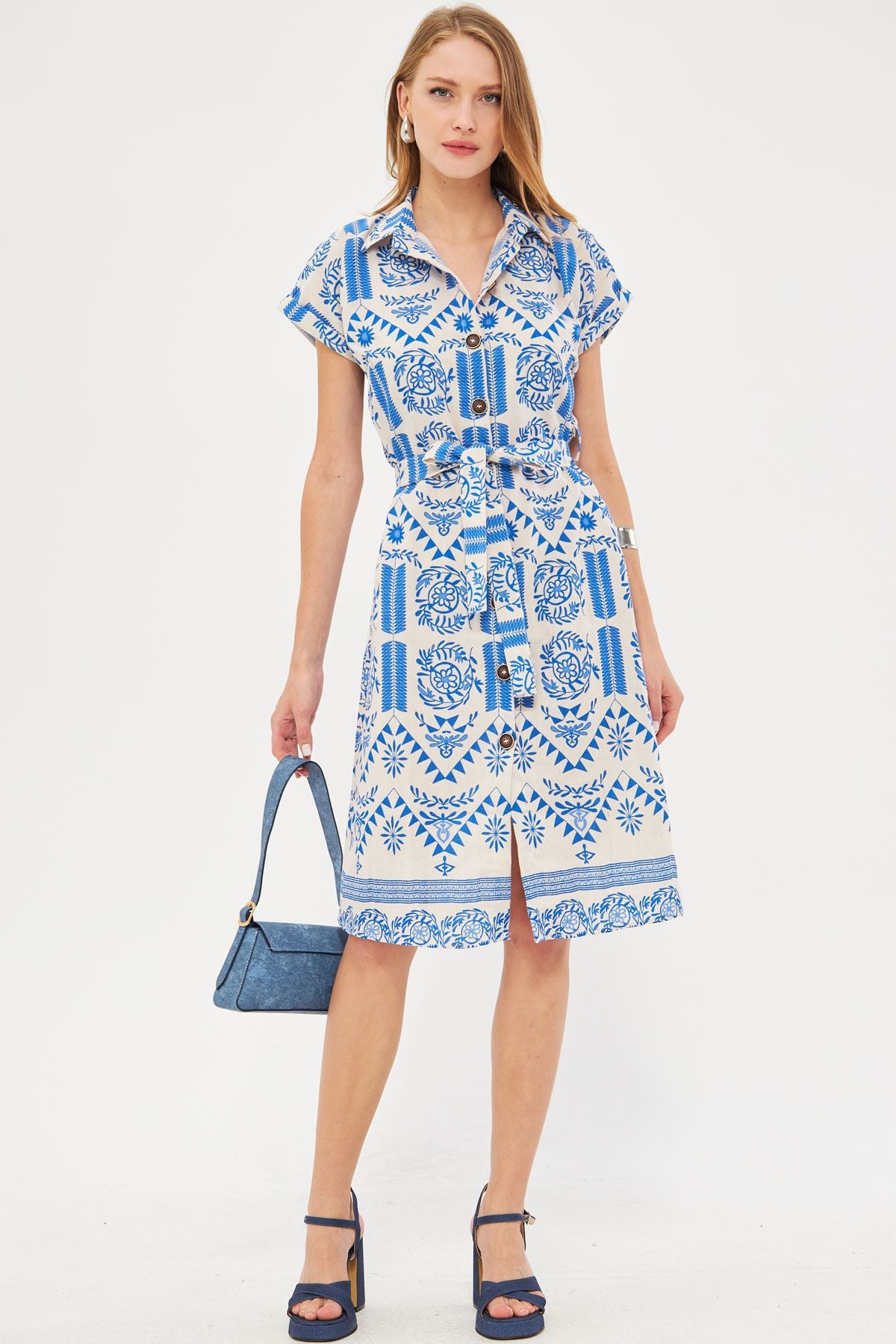 Woman Blue Patterned Linen Looking Waist Belt Short Sleeve Shirt Dress ARM-24Y001108