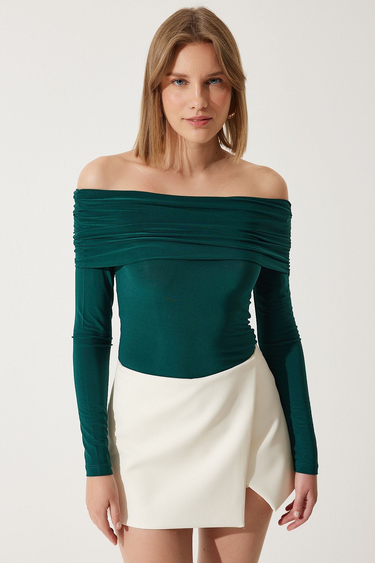 Female emerald green shoulders open shirring detailed blouse ff00161