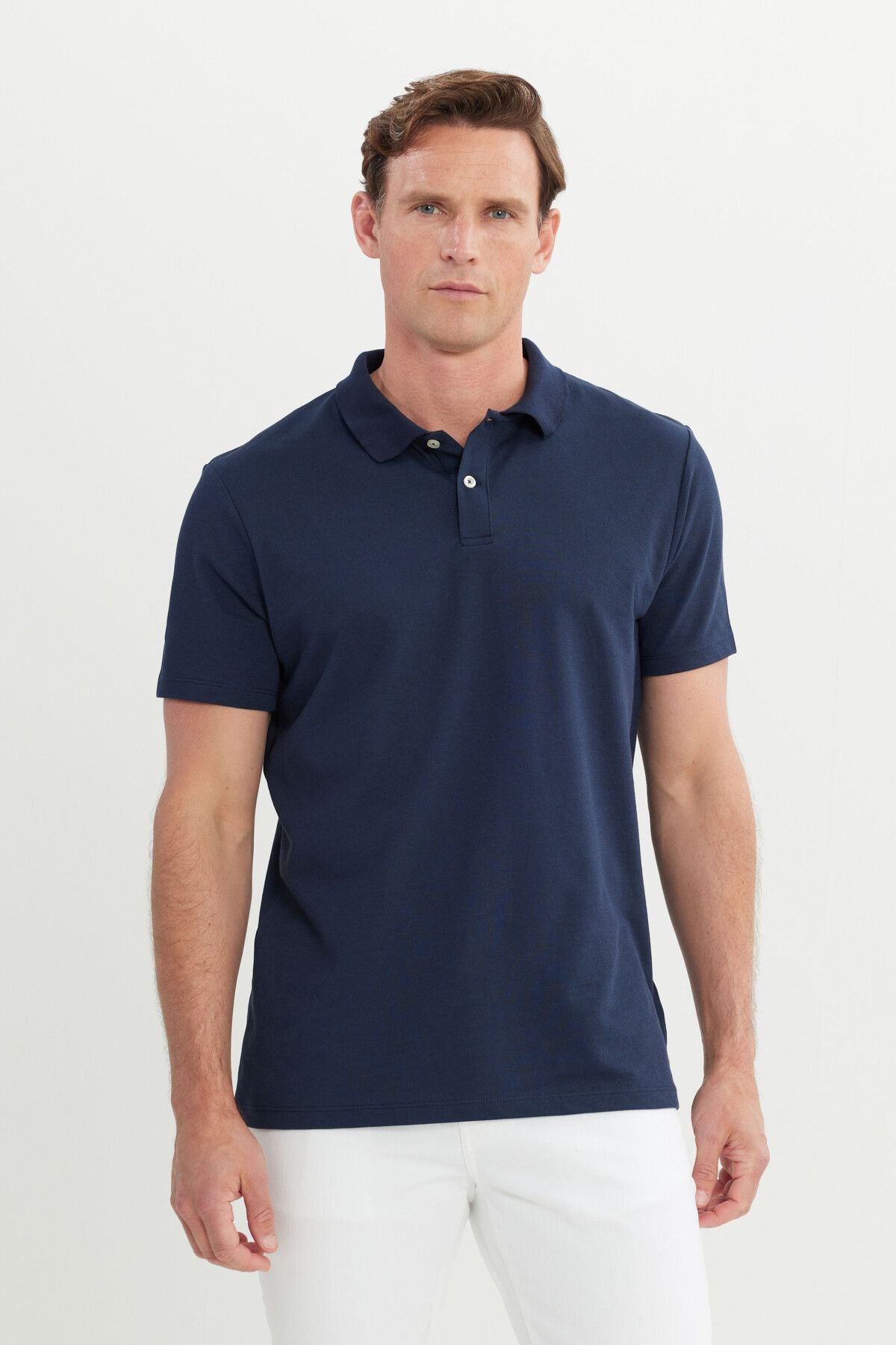Men's navy blue cotton slim fit narrow cut polo collar t -shirt