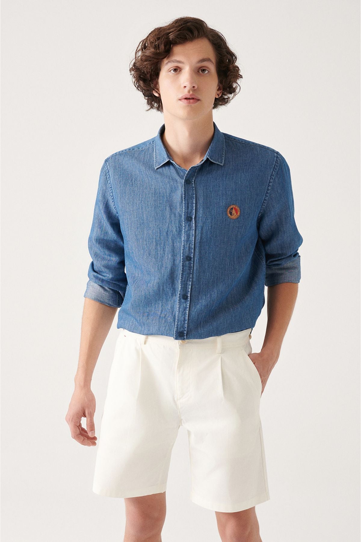 Men's Blue Cotton Snap Marine Printed Denim Shirt A31y2224