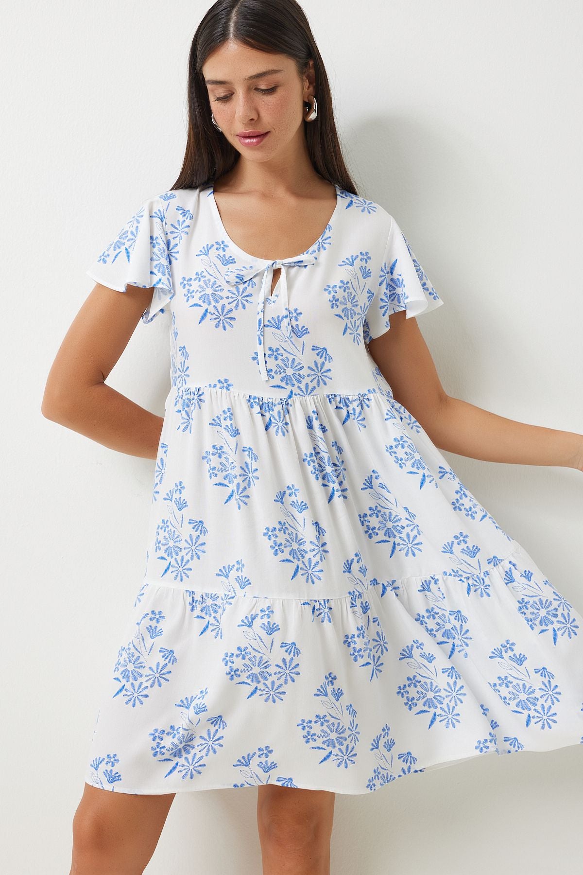 Woman White Blue Flower Summer Viscose Dress DD01330