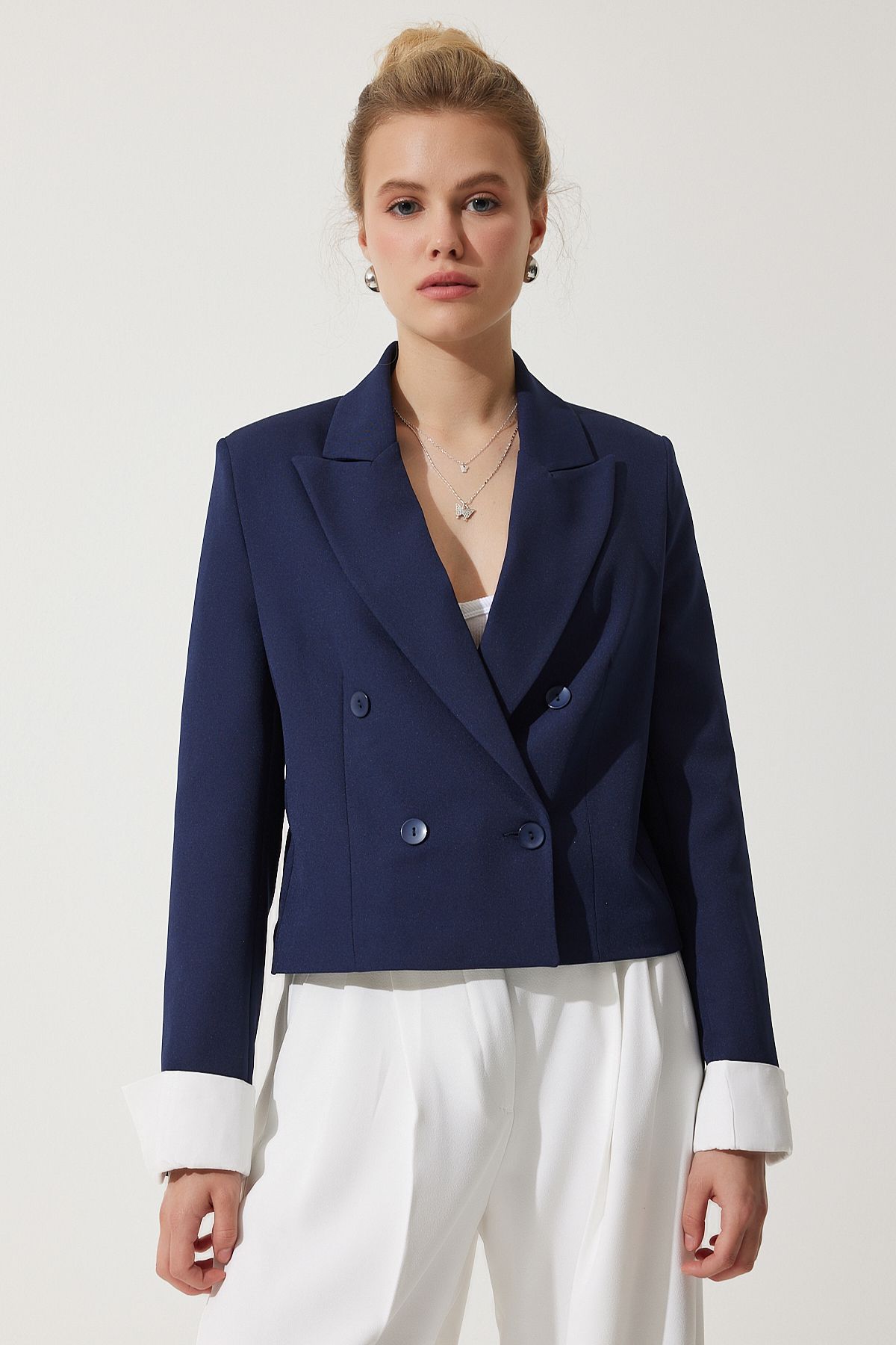 Woman Navy Blue Contrast Cuff with Short Blazer Jacket WF00070