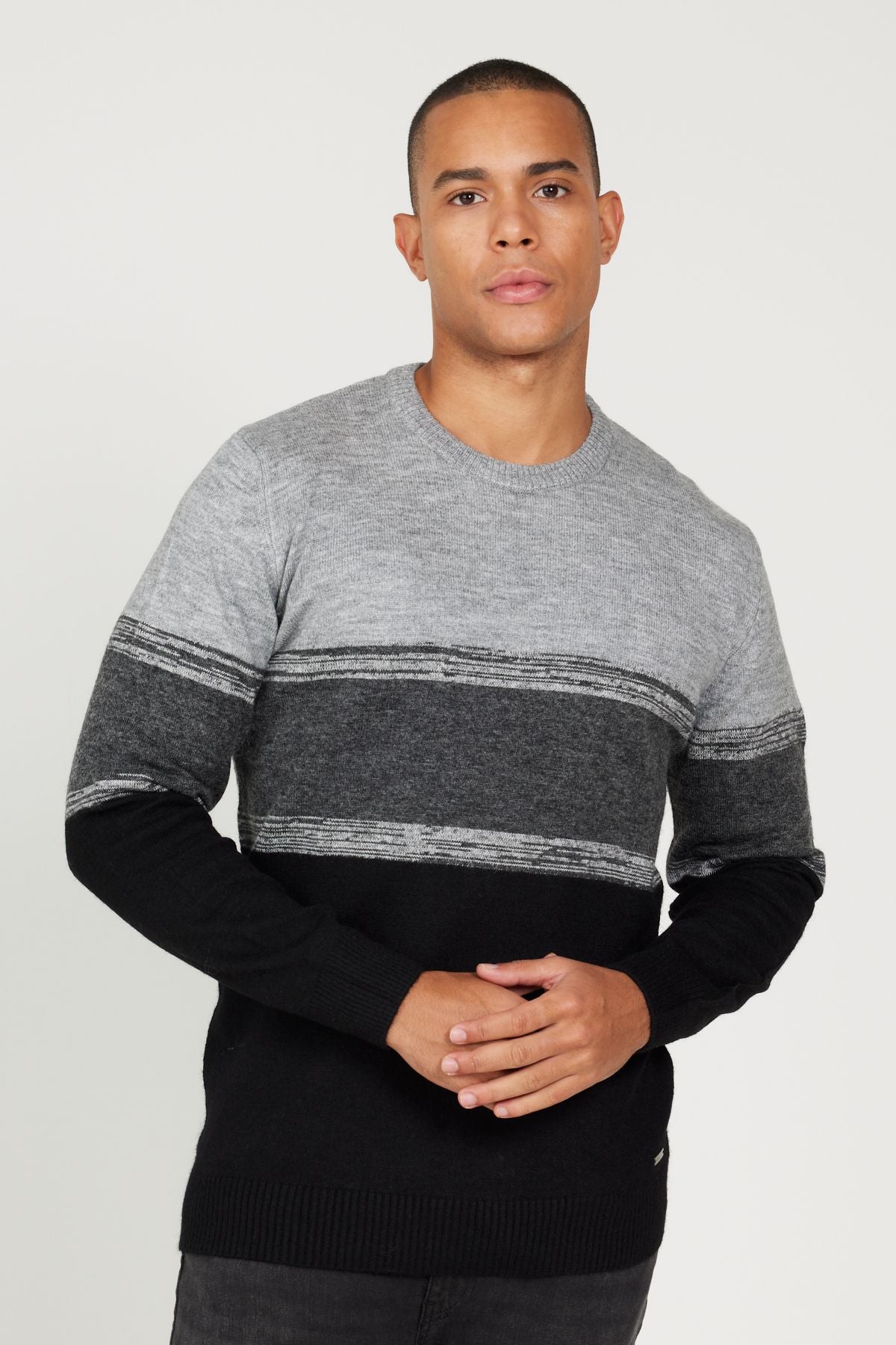 Men's Gray-Black Standard Fit Normal Cut Normal Cycling Bicycle Knitwear Kazakh