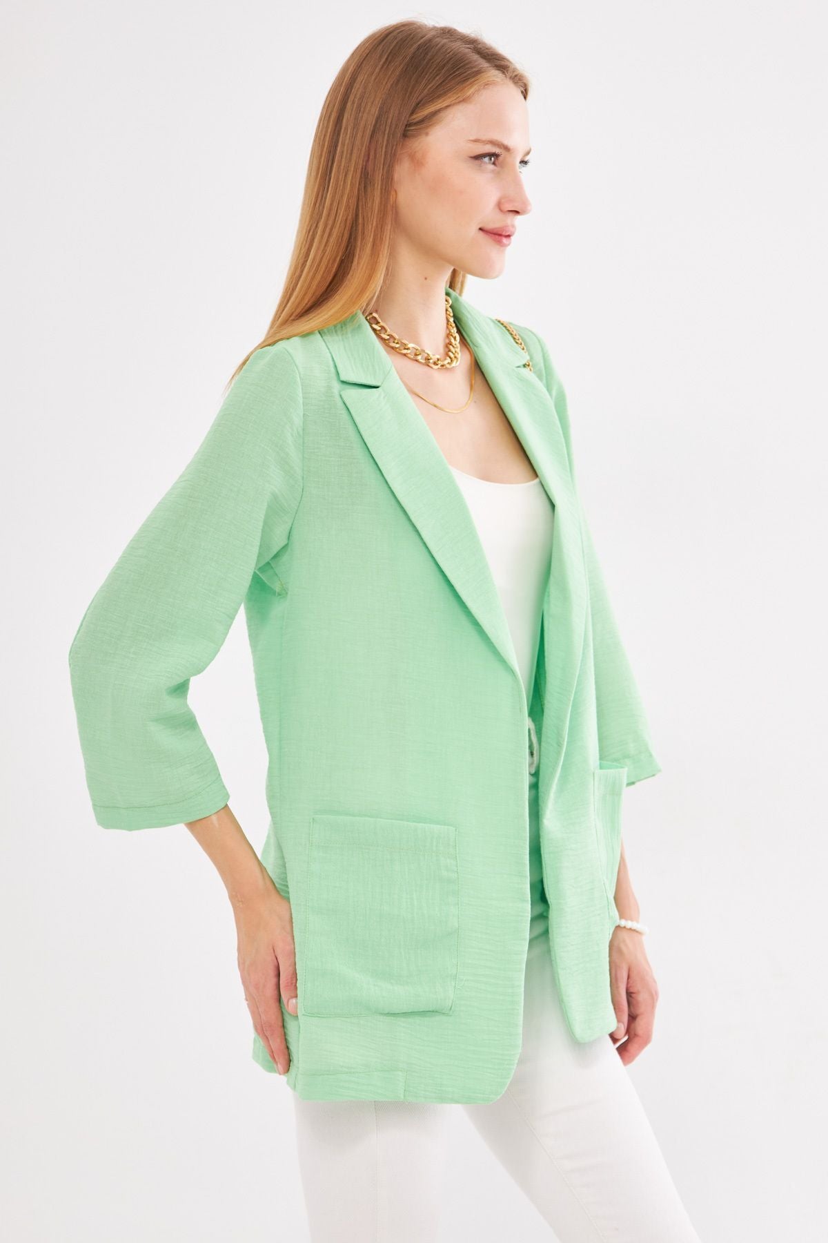 Female Neon Green Linen-Looking Pocket Oversize Jacket ARM-24Y001065