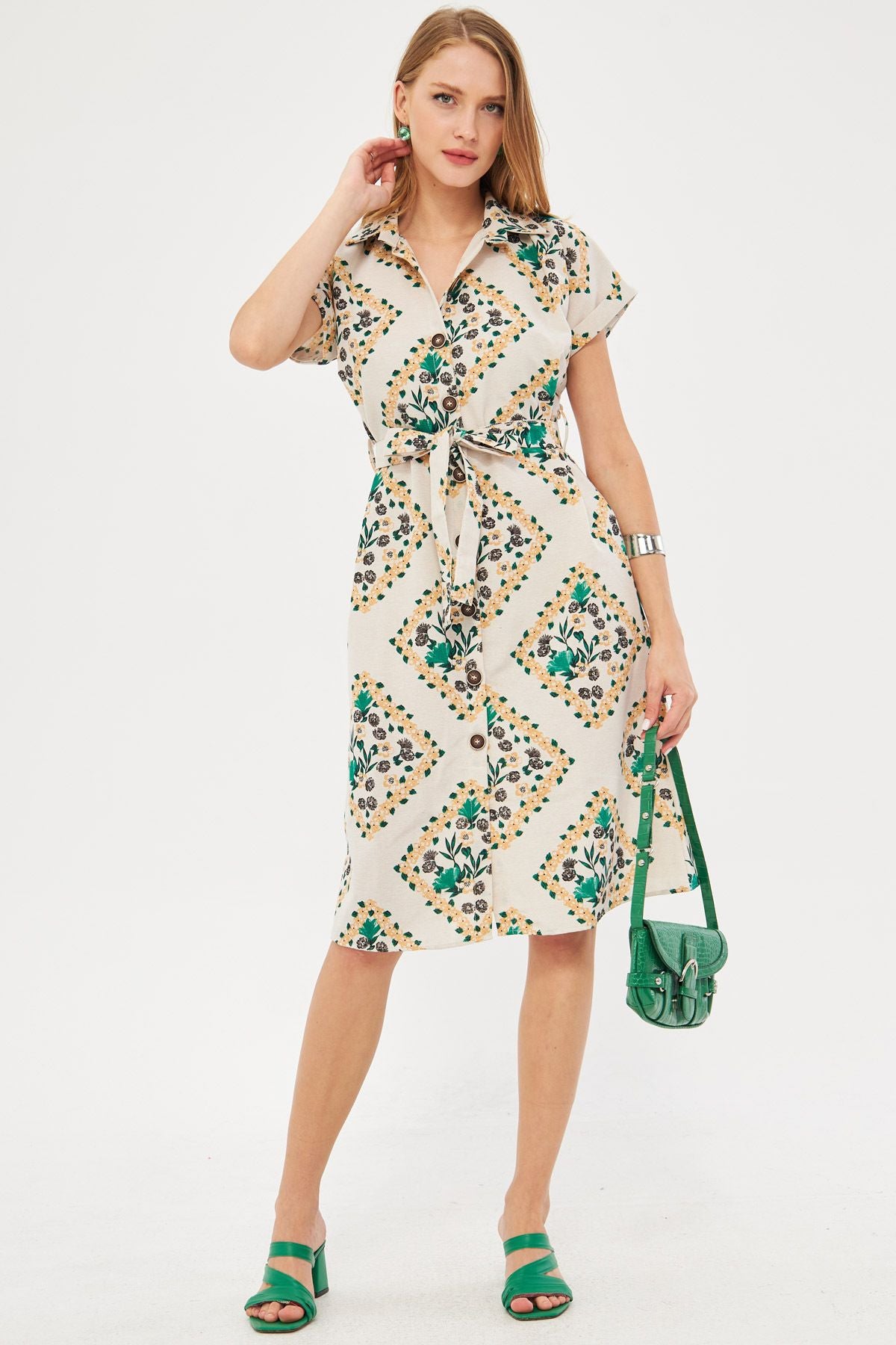 Woman Dark Green Patterned Linen Looking Waist Belt Short Sleeve Shirt Dress ARM-24Y001108