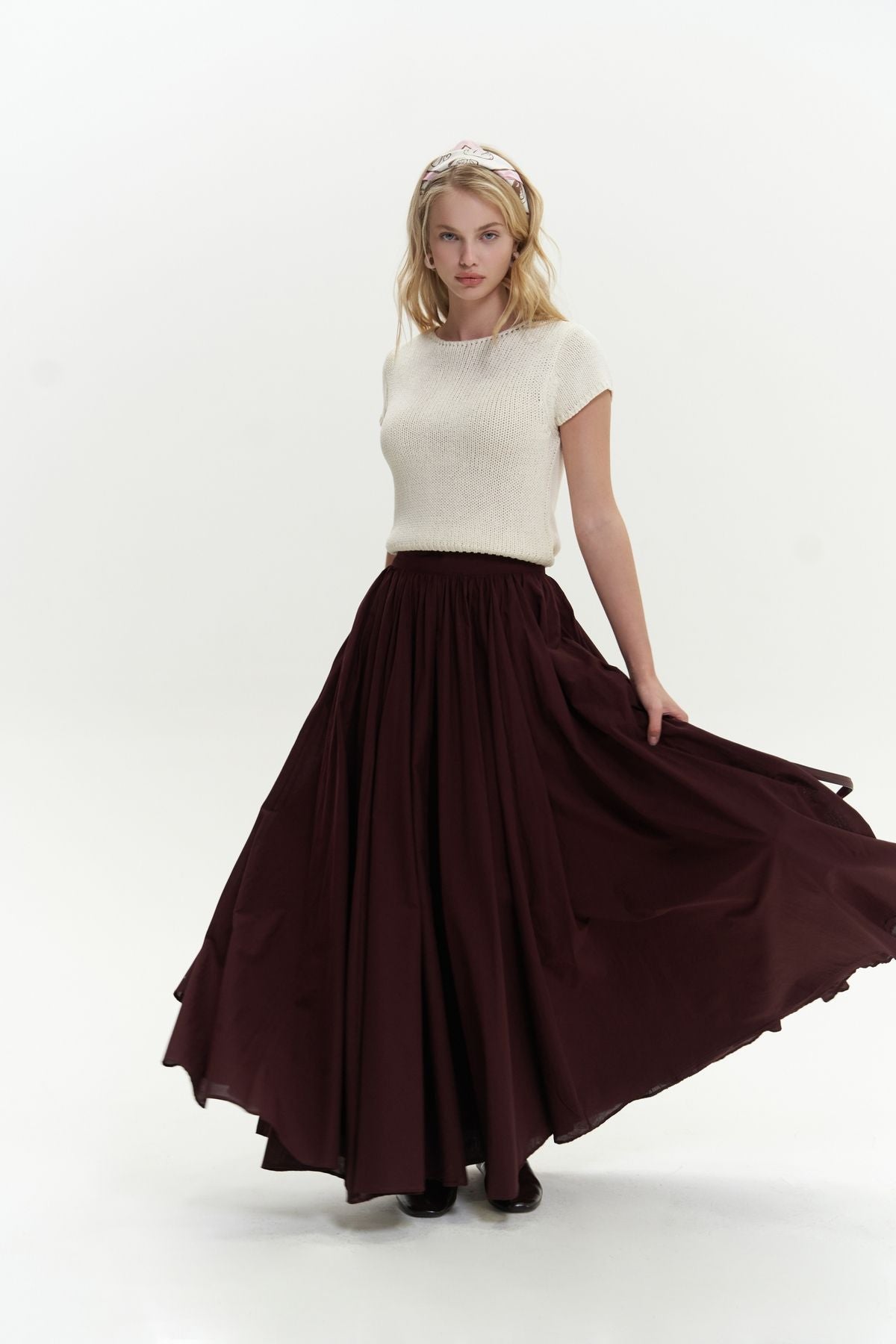 Faylinn Pleated Long Bordeaux Skirt
