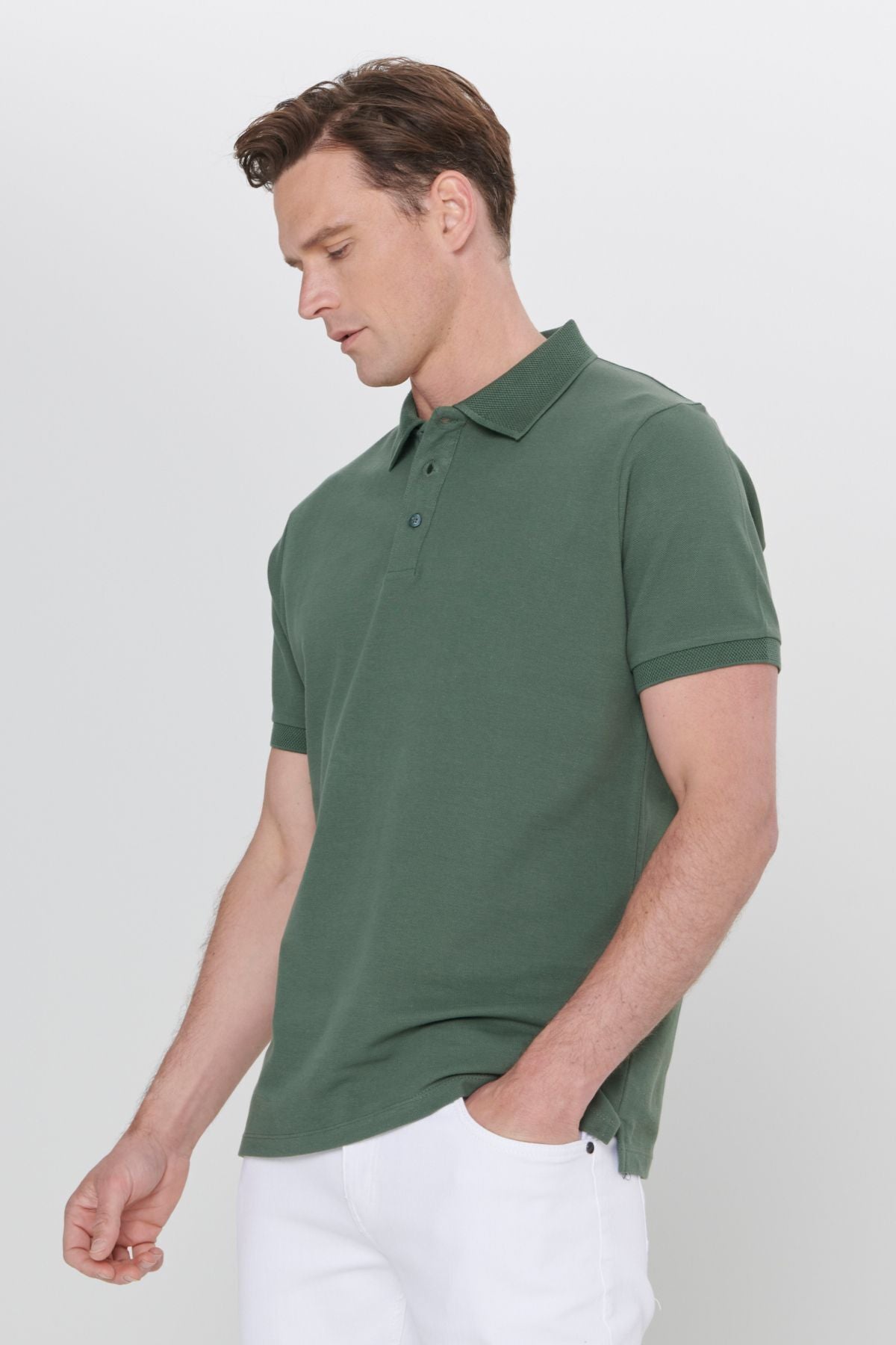 Male Khaki 100 %Cotton Curiated Pike Polo Yaka Slim Fit Narrow Cut T -shirt