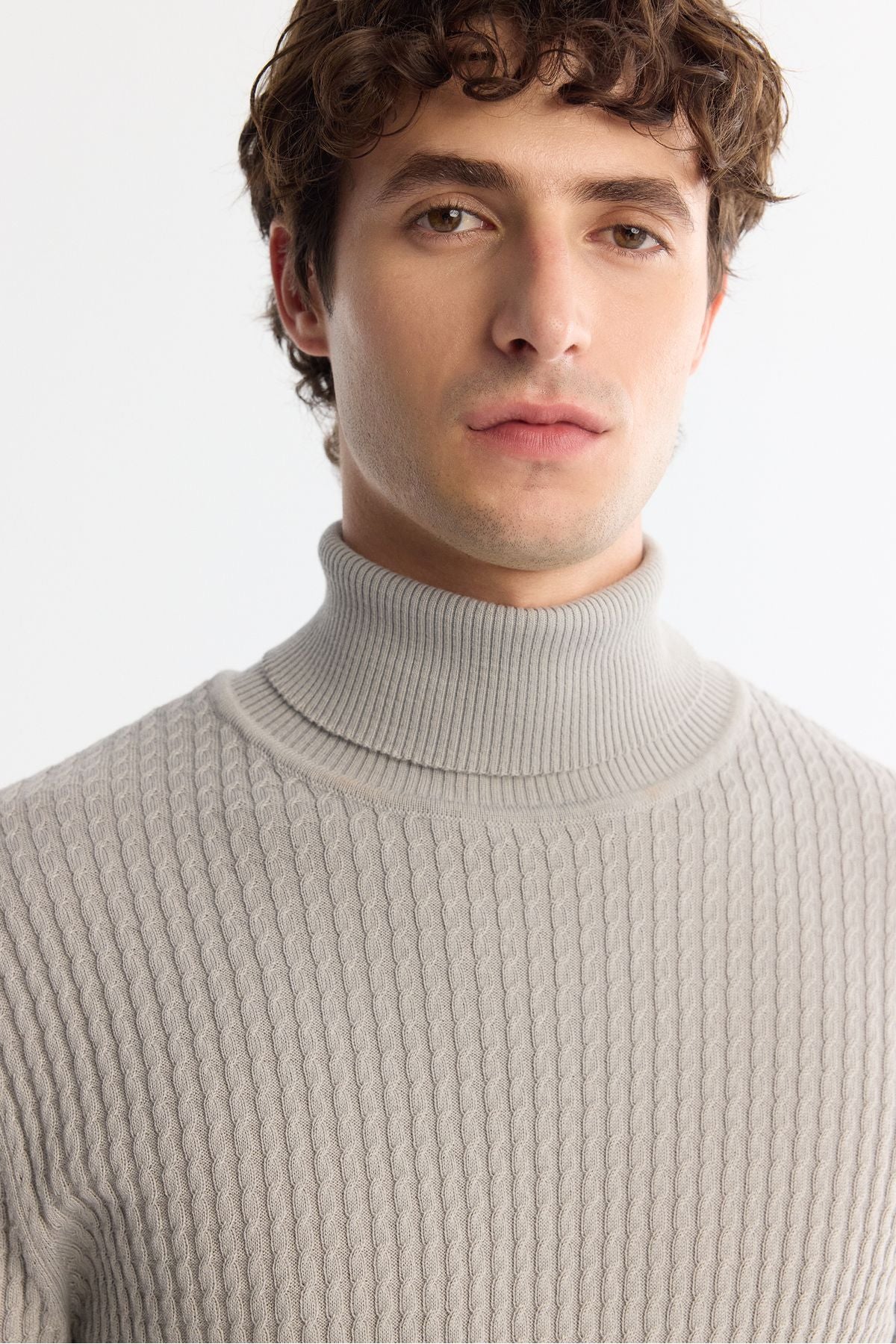Men's Gray Full Fisherman Neck Wool Mixed Jacquari Knitwear Sweater A42Y5074
