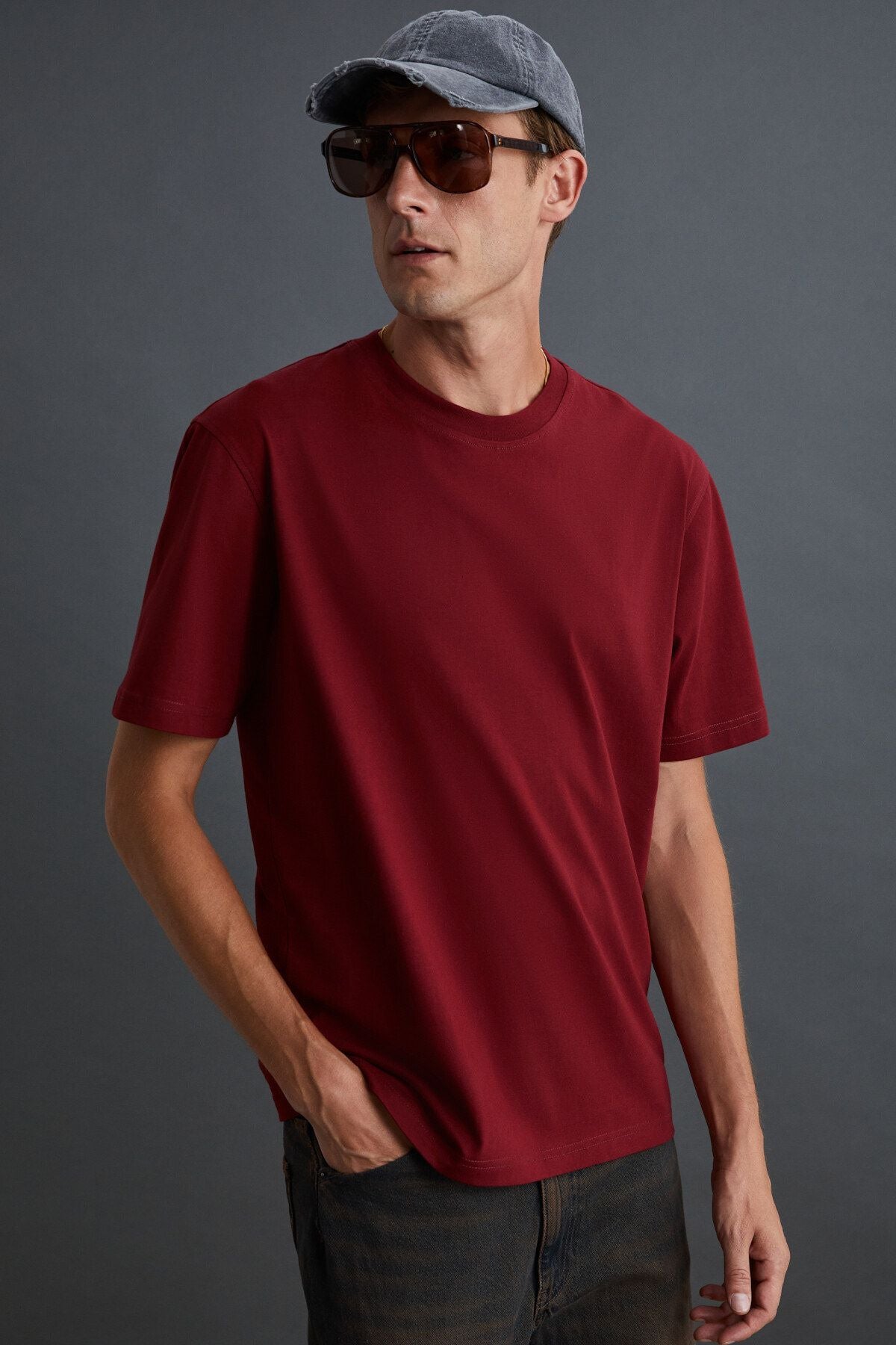 Solo Erkek Süprem %100 Organik Pamuklu Kalın Dokulu Comfort Fit Bordo T-shirt