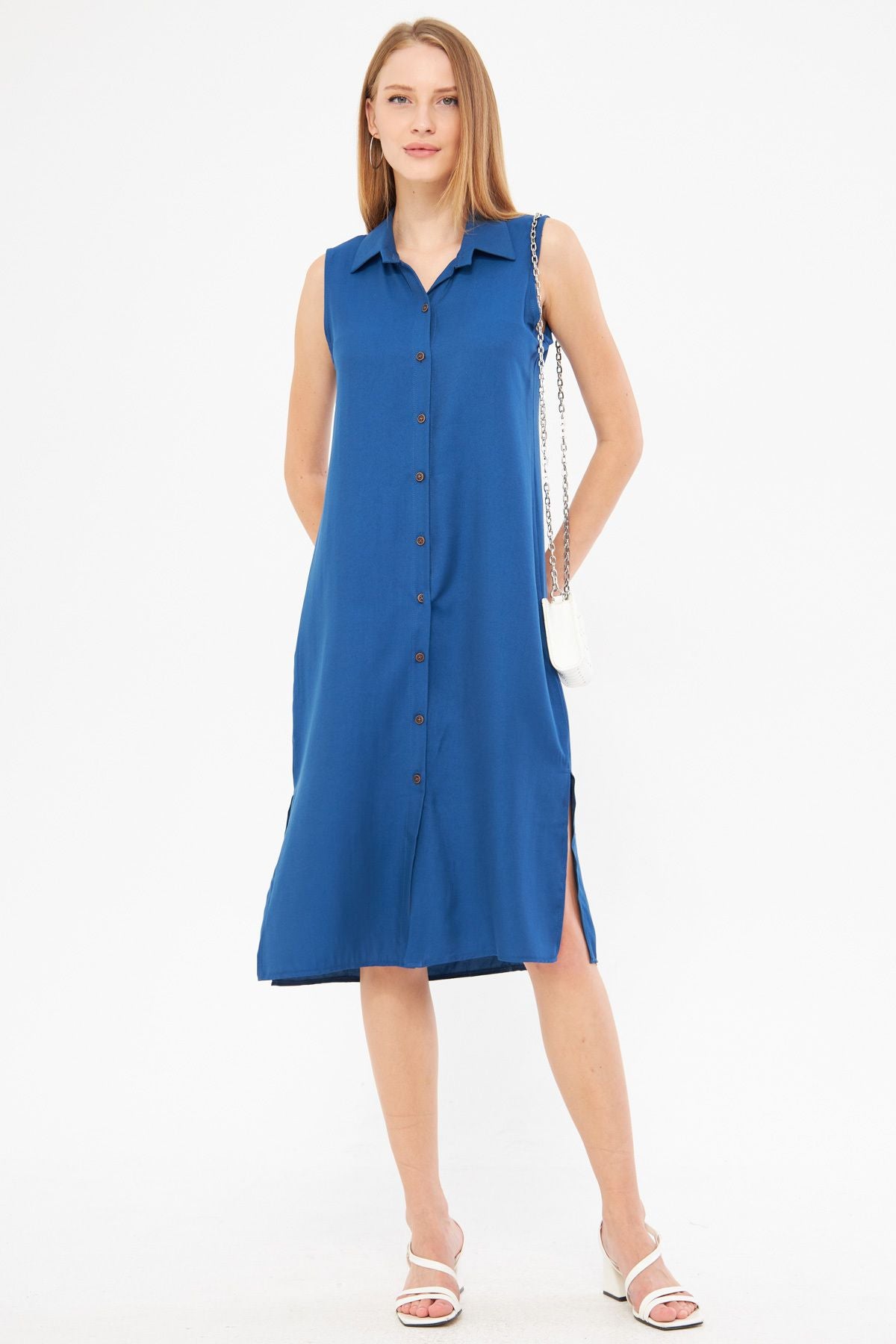 Woman Dark Blue Collar buttoned dress ARM-17Y00028