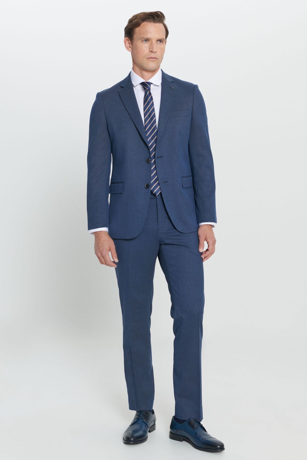 Men's navy blue regular fit comfortable cut mono collar patterned suit suits