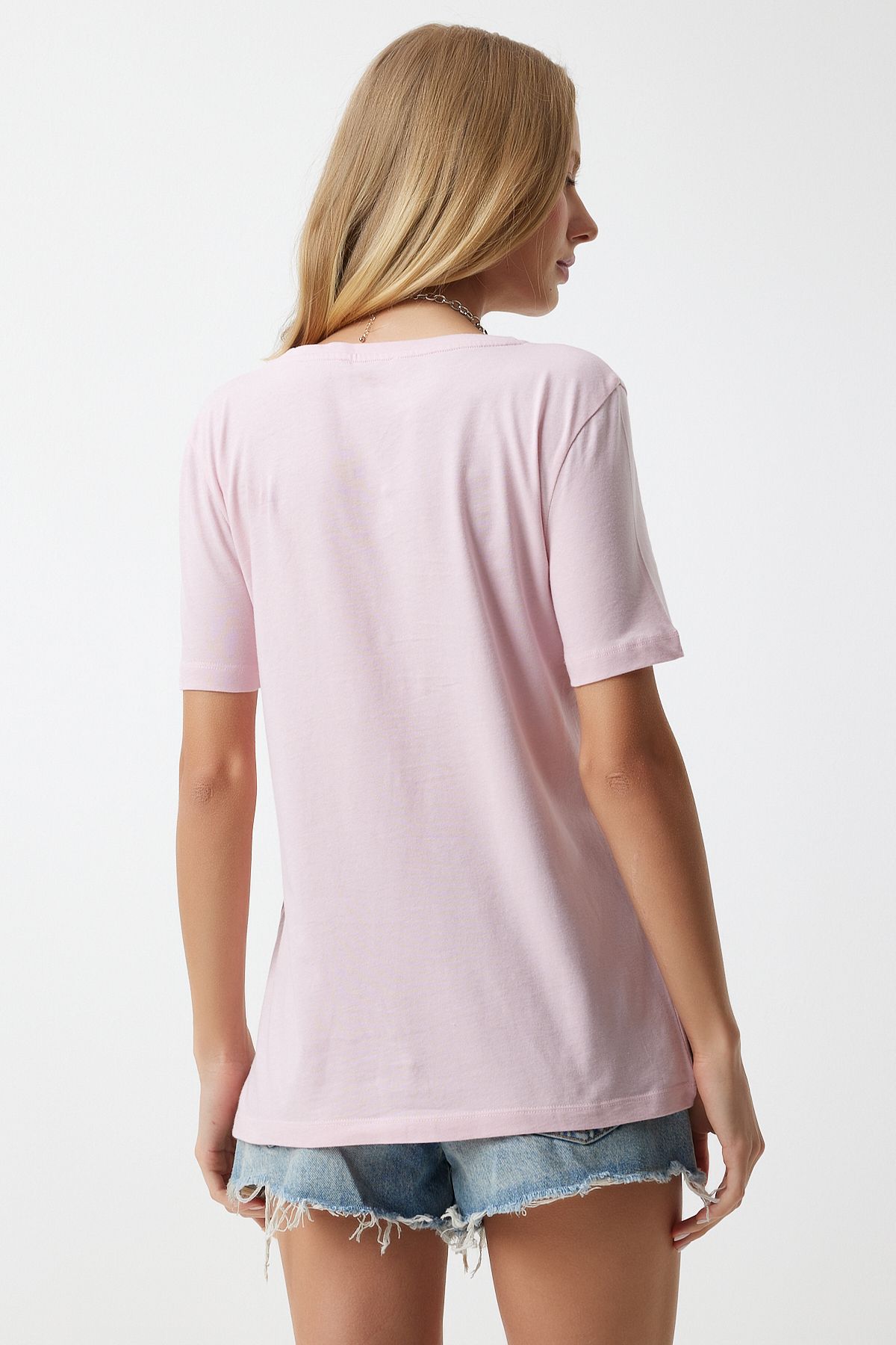 Woman Pink V Yaka Basic Knitting T-Shirt HY00016