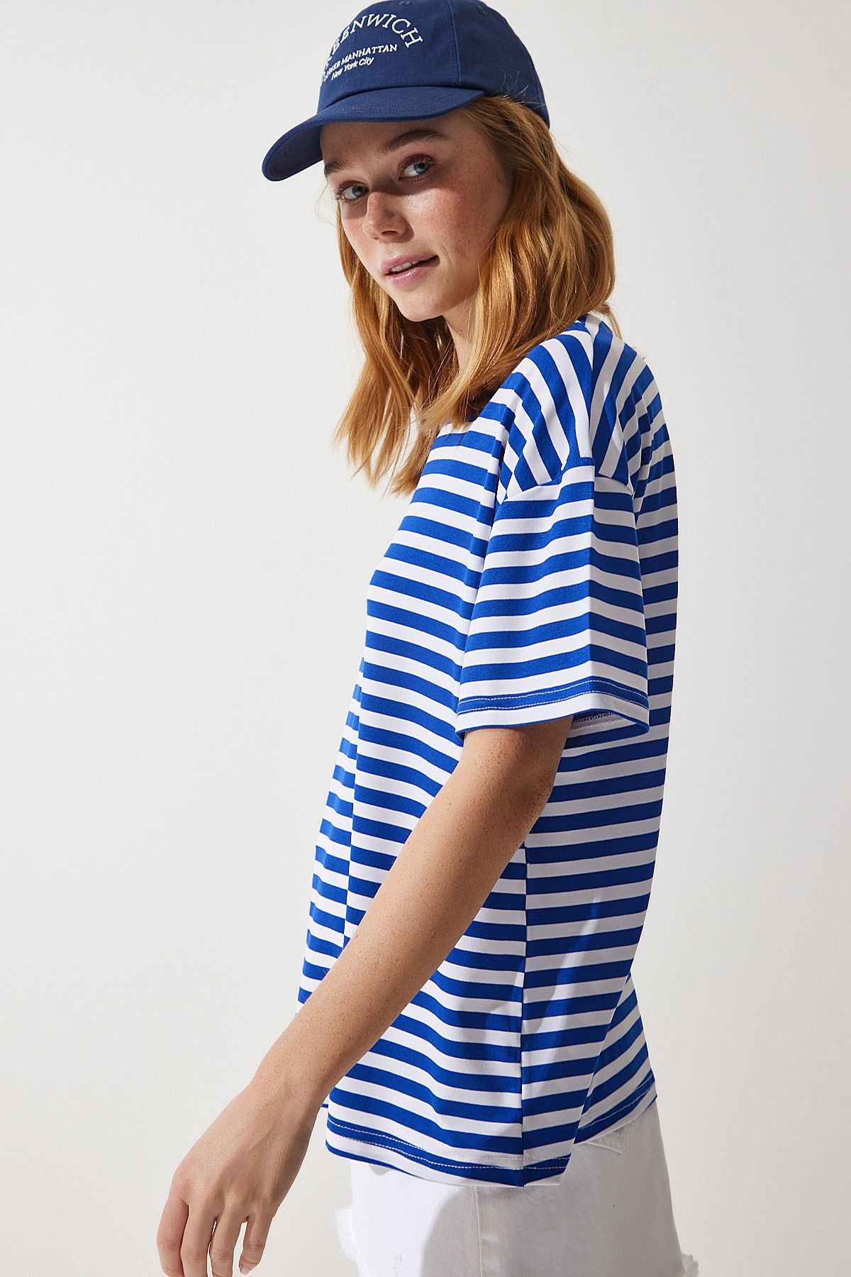 Woman Blue Bicycle Collar Striped Oversize knitting T-shirt EN00609