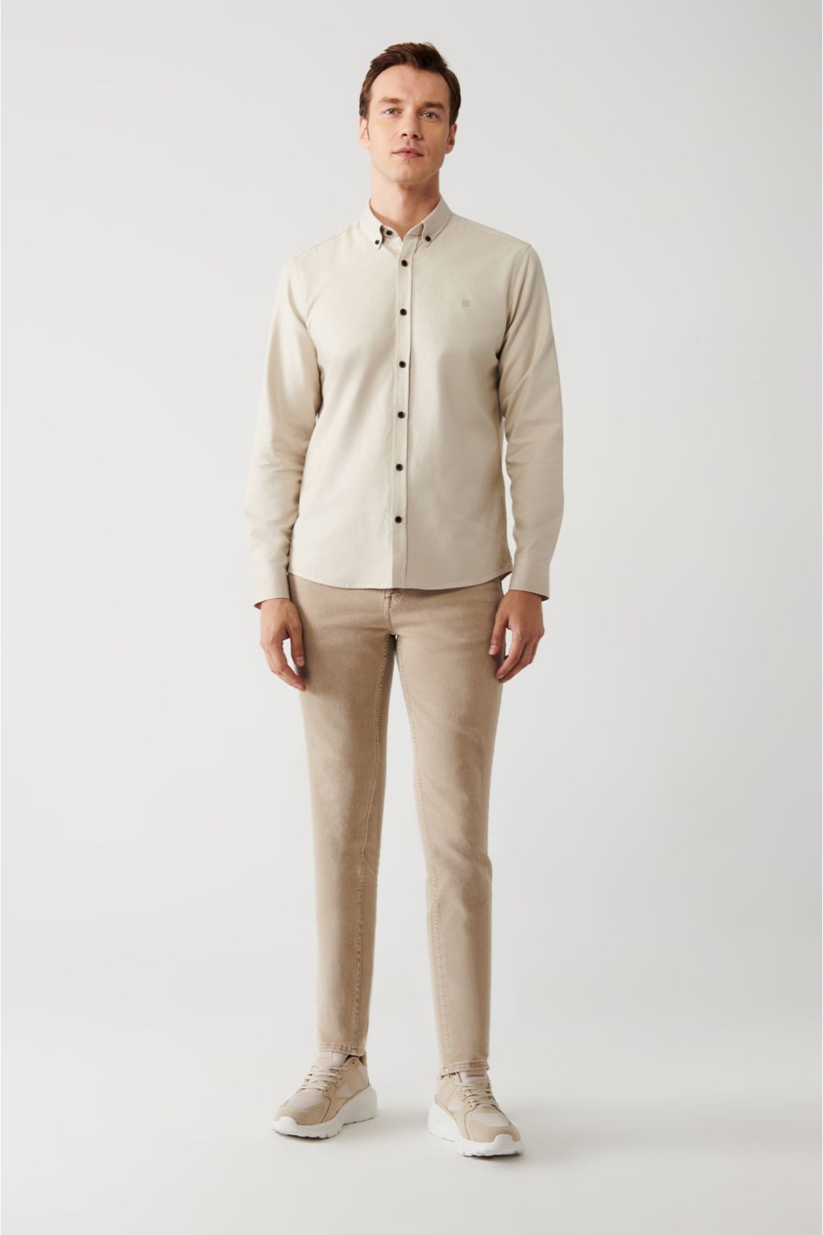 Men's beige 100 %cotton button with collar shirt A32Y2120