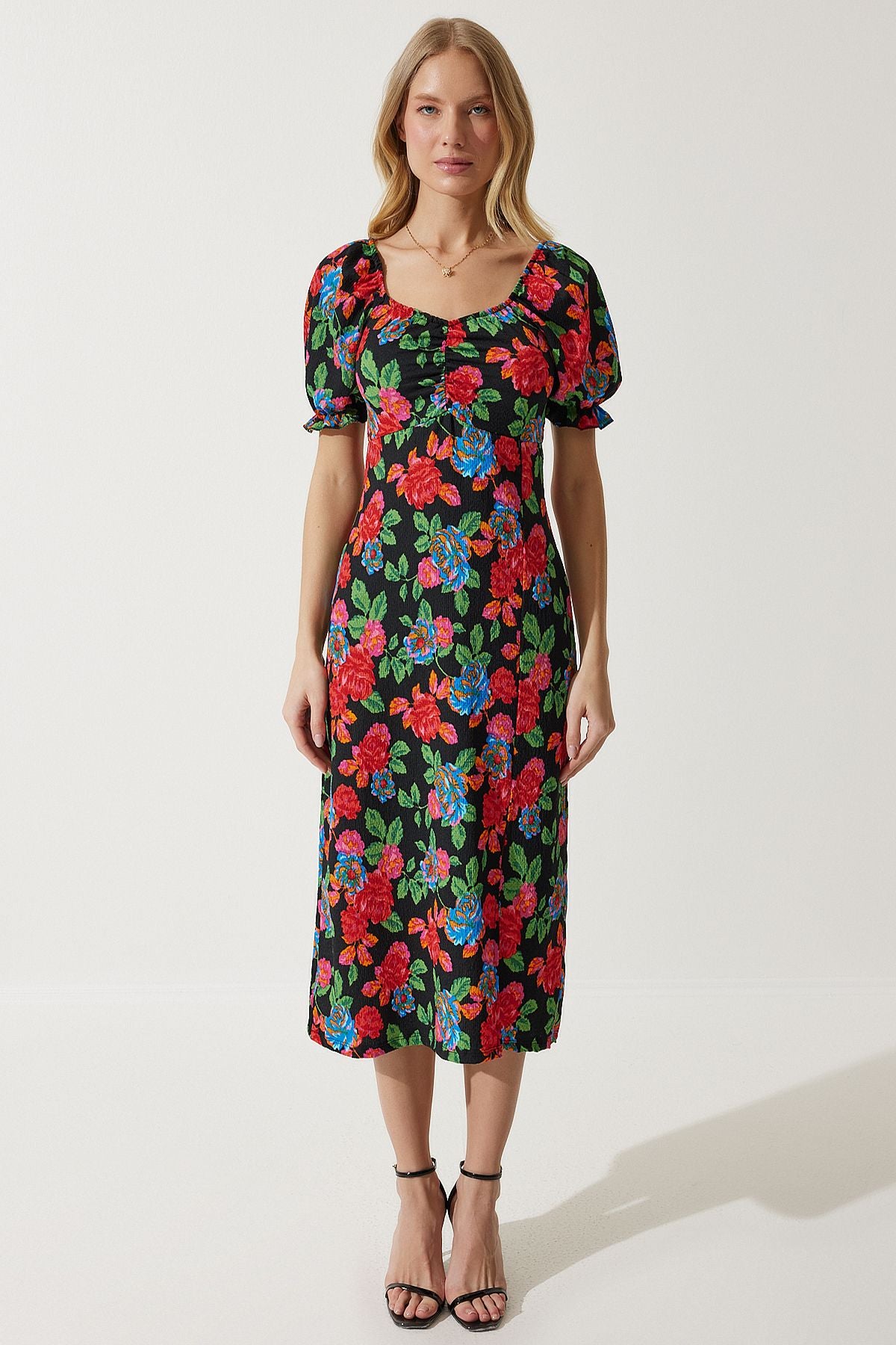 Woman Red Elastic Carmen Yaka Summer Viscose Dress MC00172