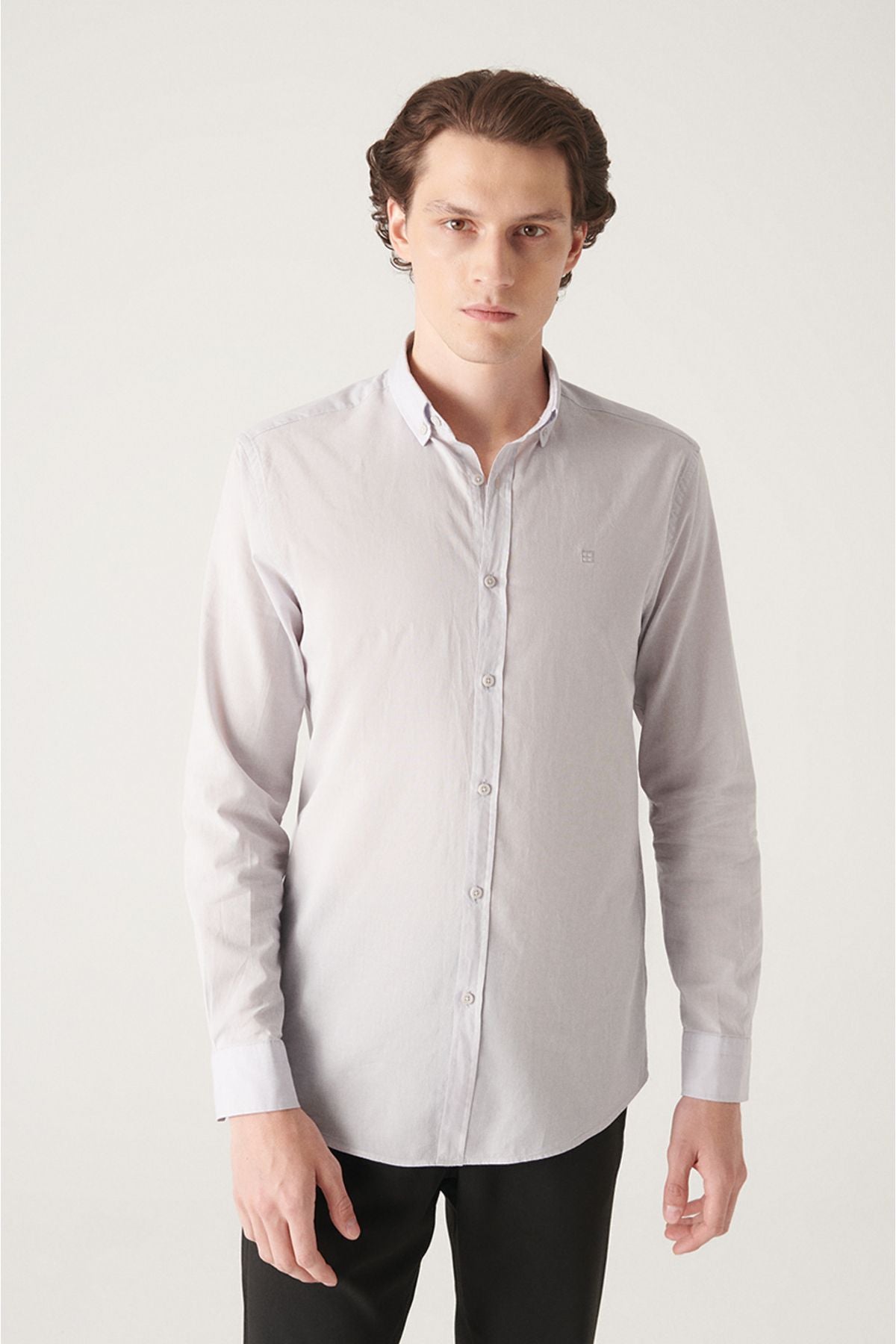 Male Light Gray 100 %Cotton Futter Soft Key buttoned Neck Shirt E002206