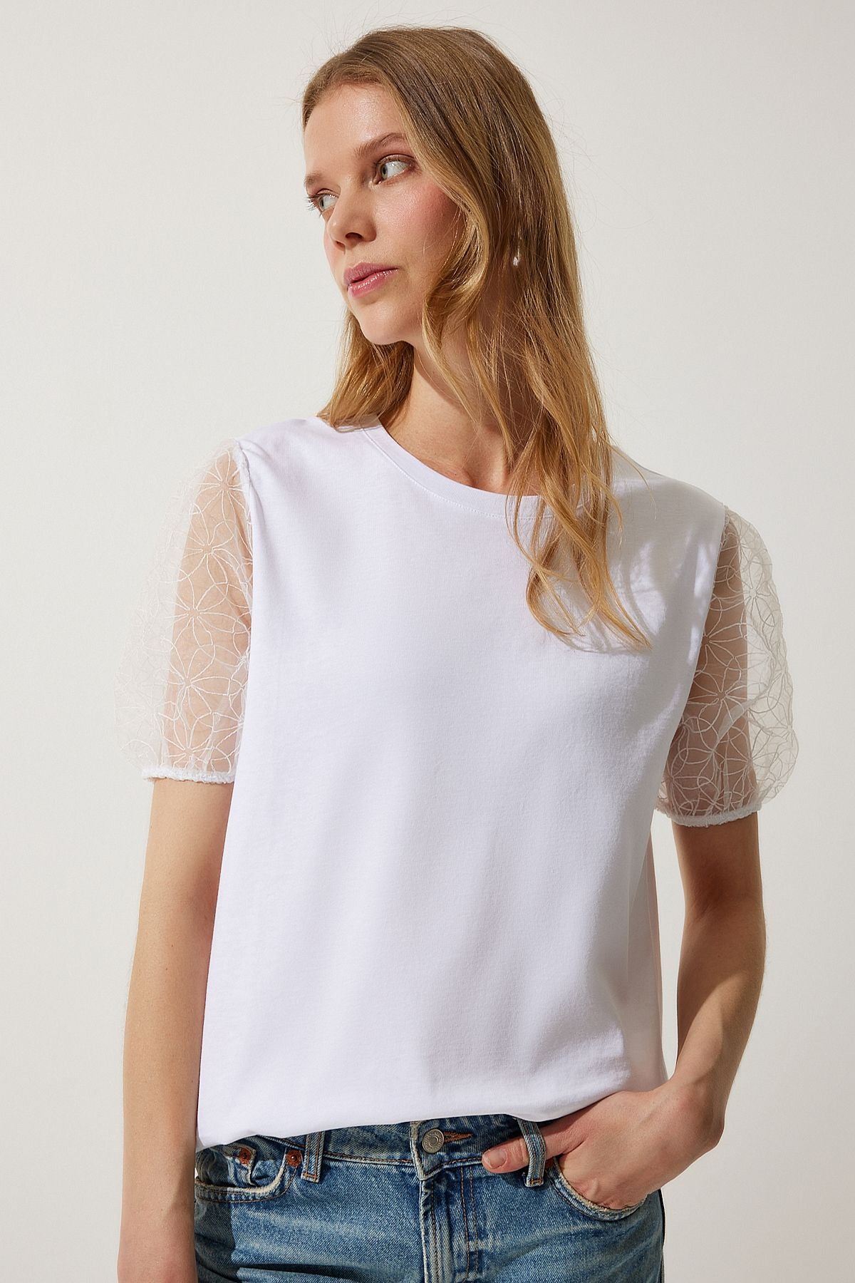 Women's white arms tulle detailed knitting t-shirt wo00033