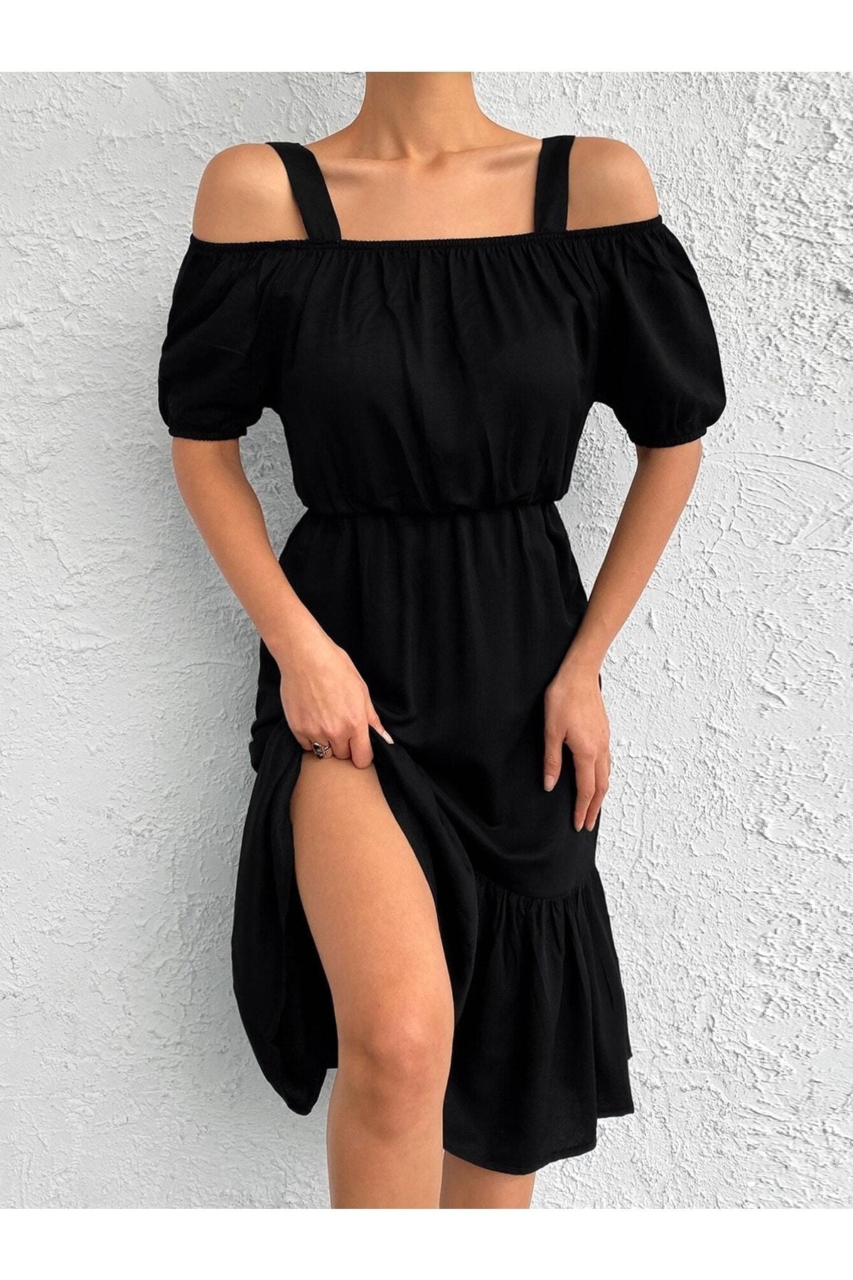 WOMEN BLACK WALL RUBLED HANDLED DRESS ARM-21K001214