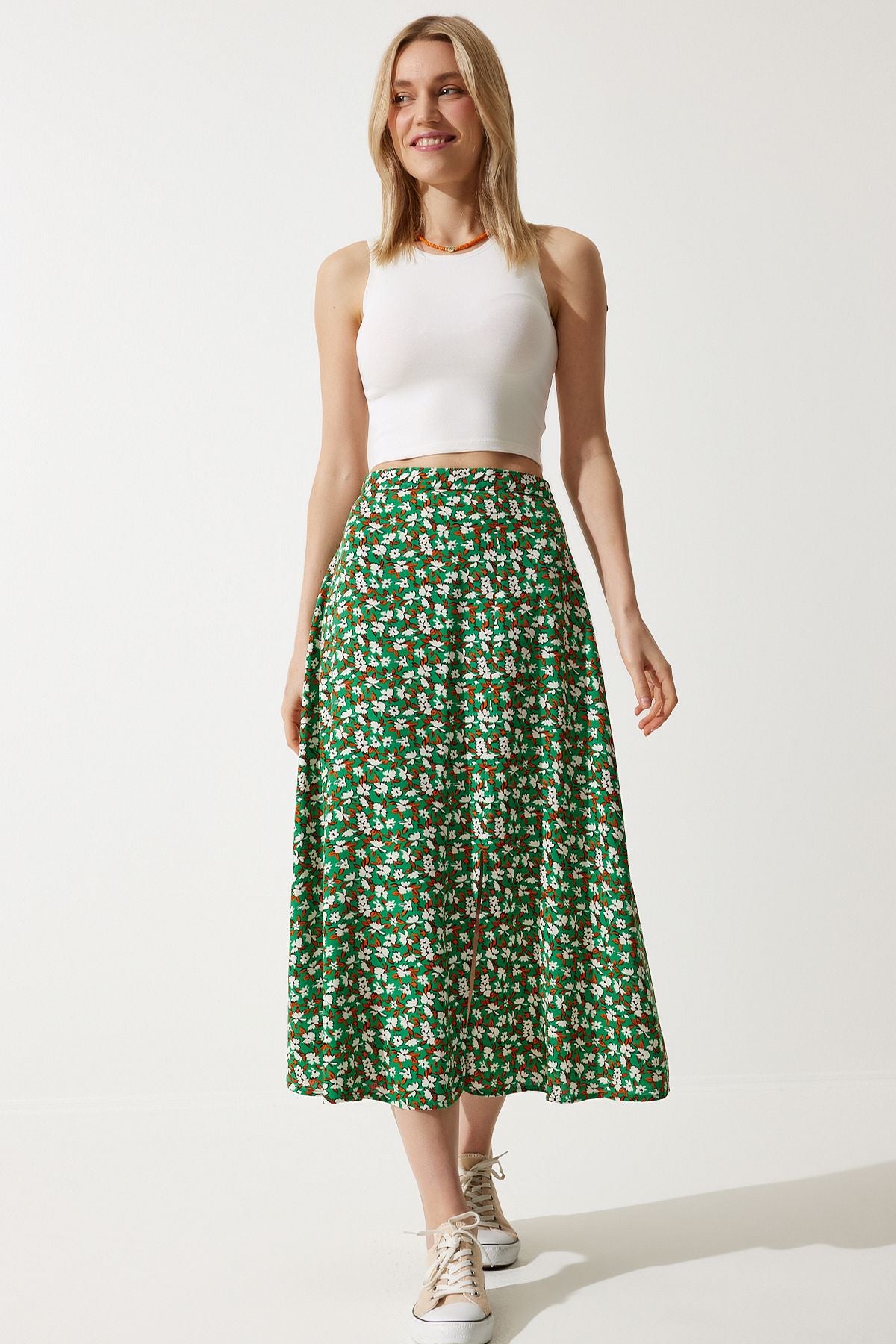 Female green orange floral slit summer viscose skirt MX00165
