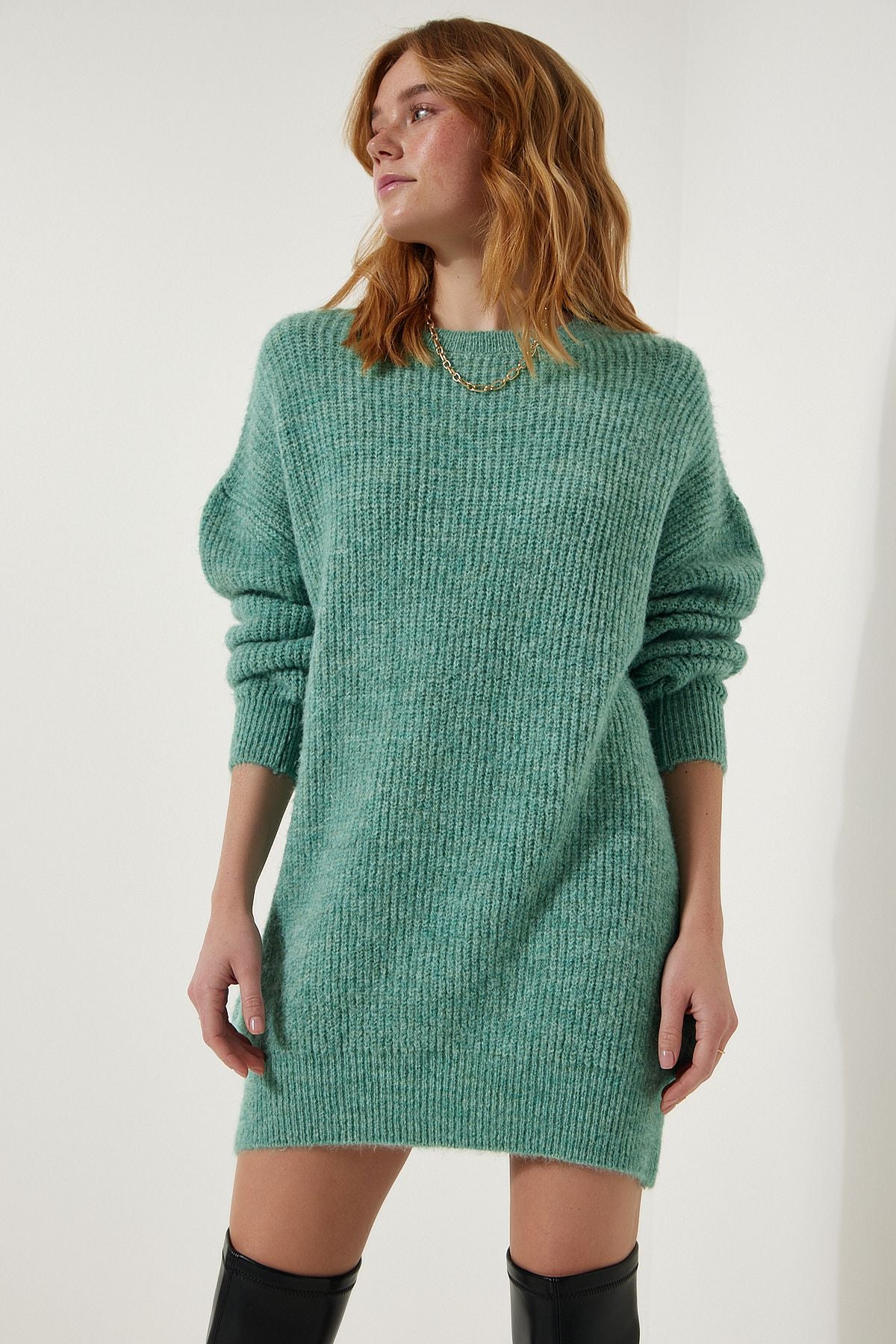 Woman Water Green Oversize Long Basic Knitwear Kazakh BV00099