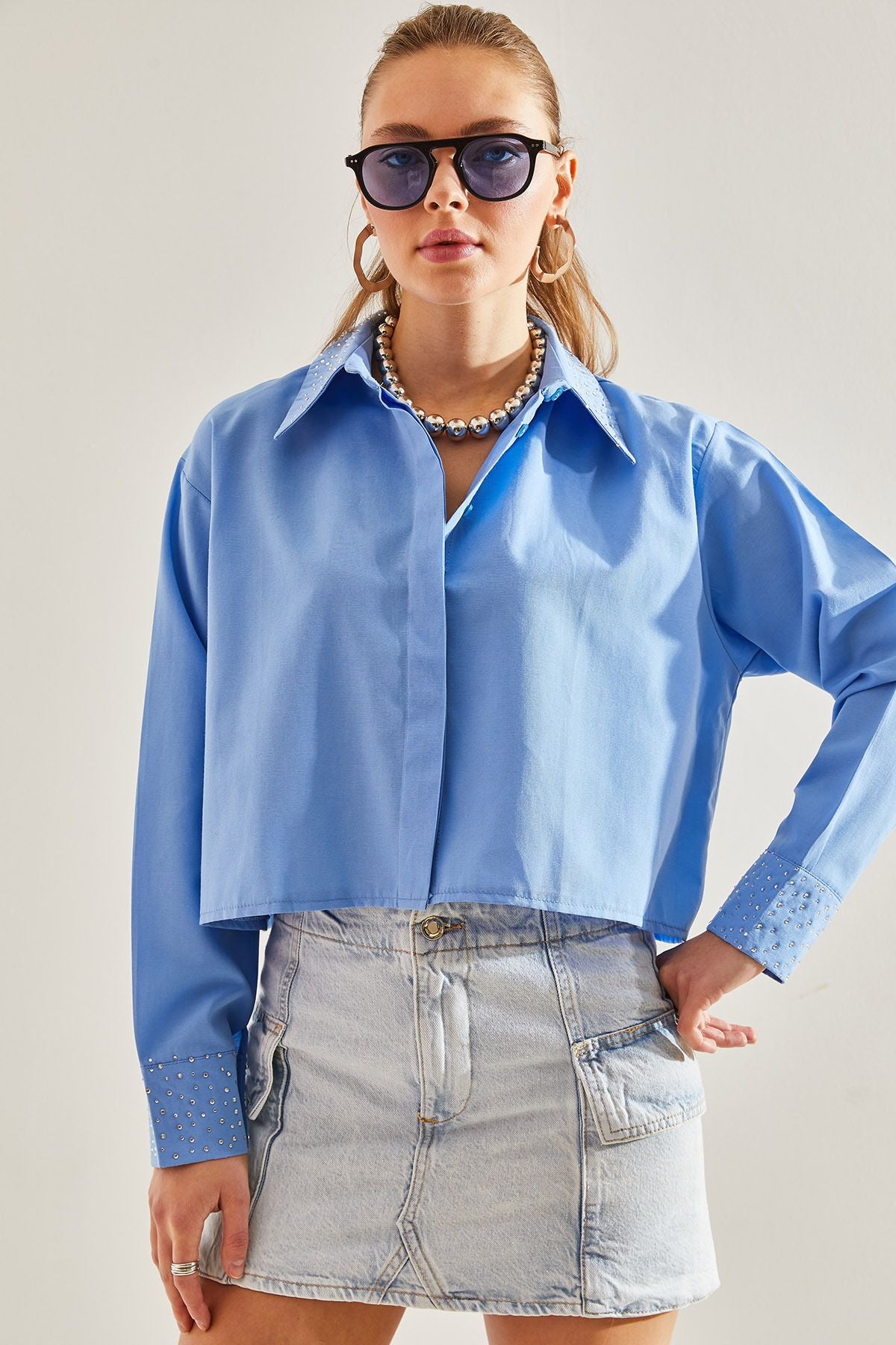 Women's collar stone embroidered shirt 60171030