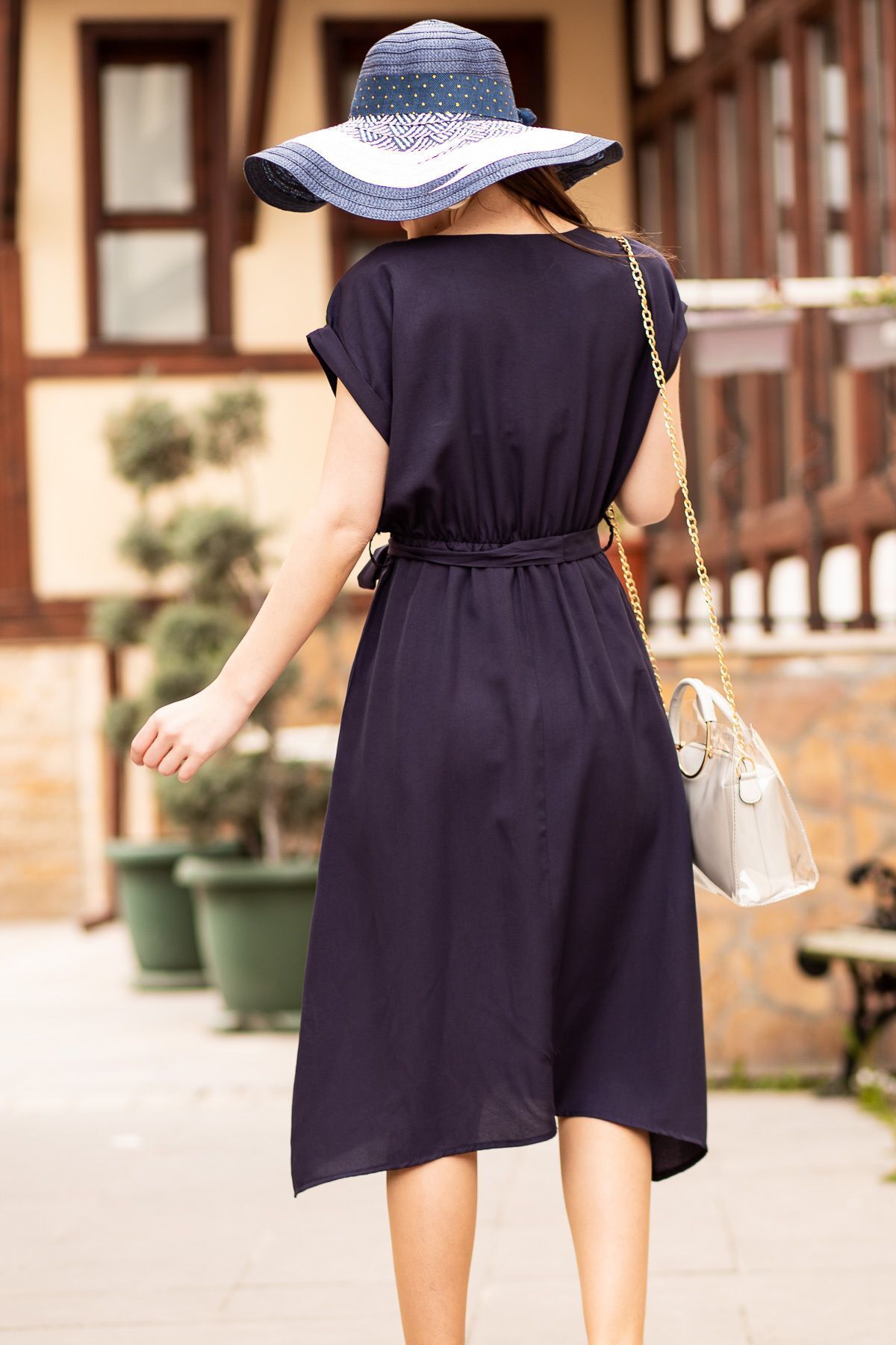 Woman Navy blue waist tire-tied dress ARM-18Y001120